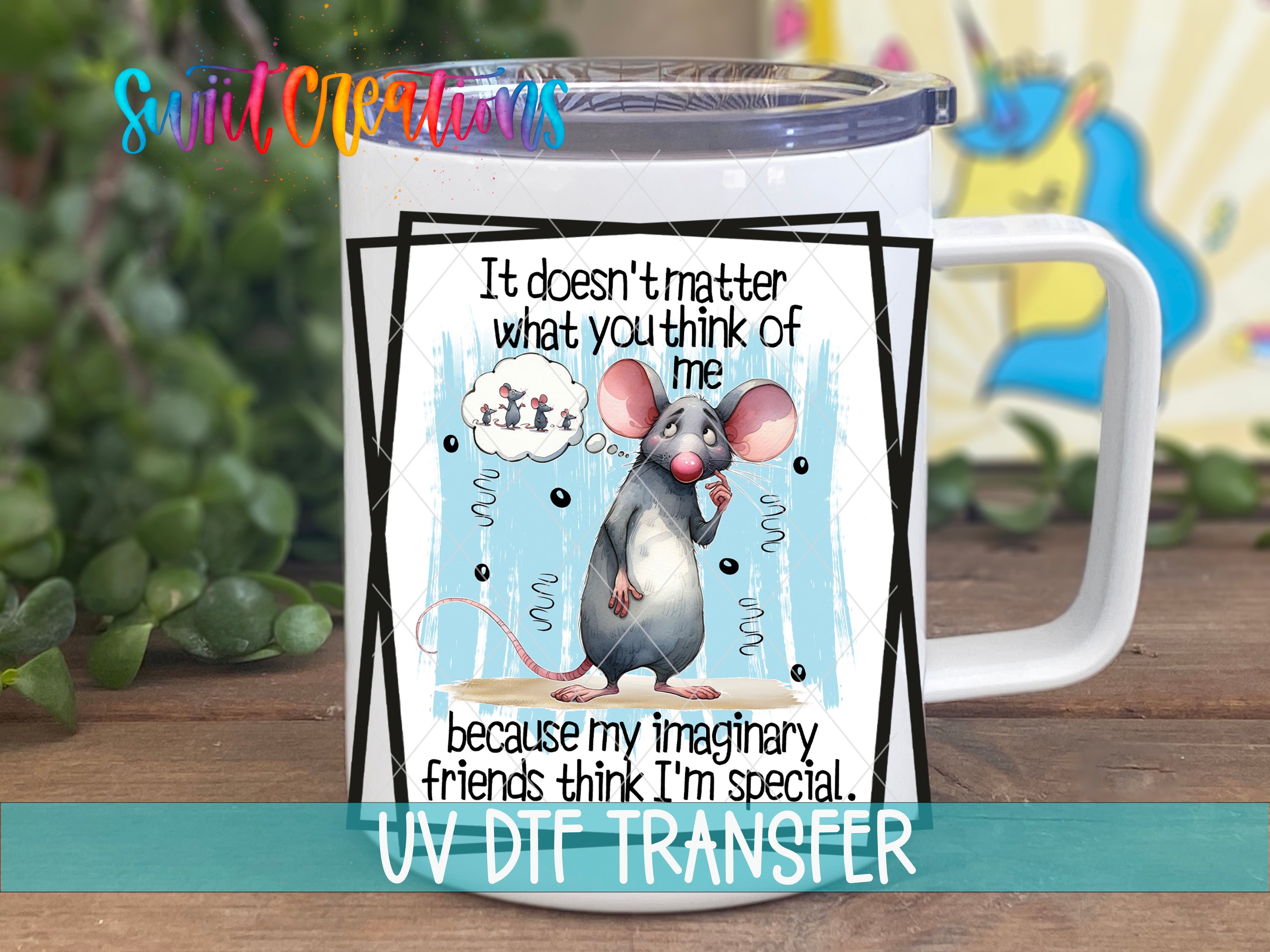 Swiit Creations UV DTF Imaginary Friends Mouse transfer displayed on a white coffee mug