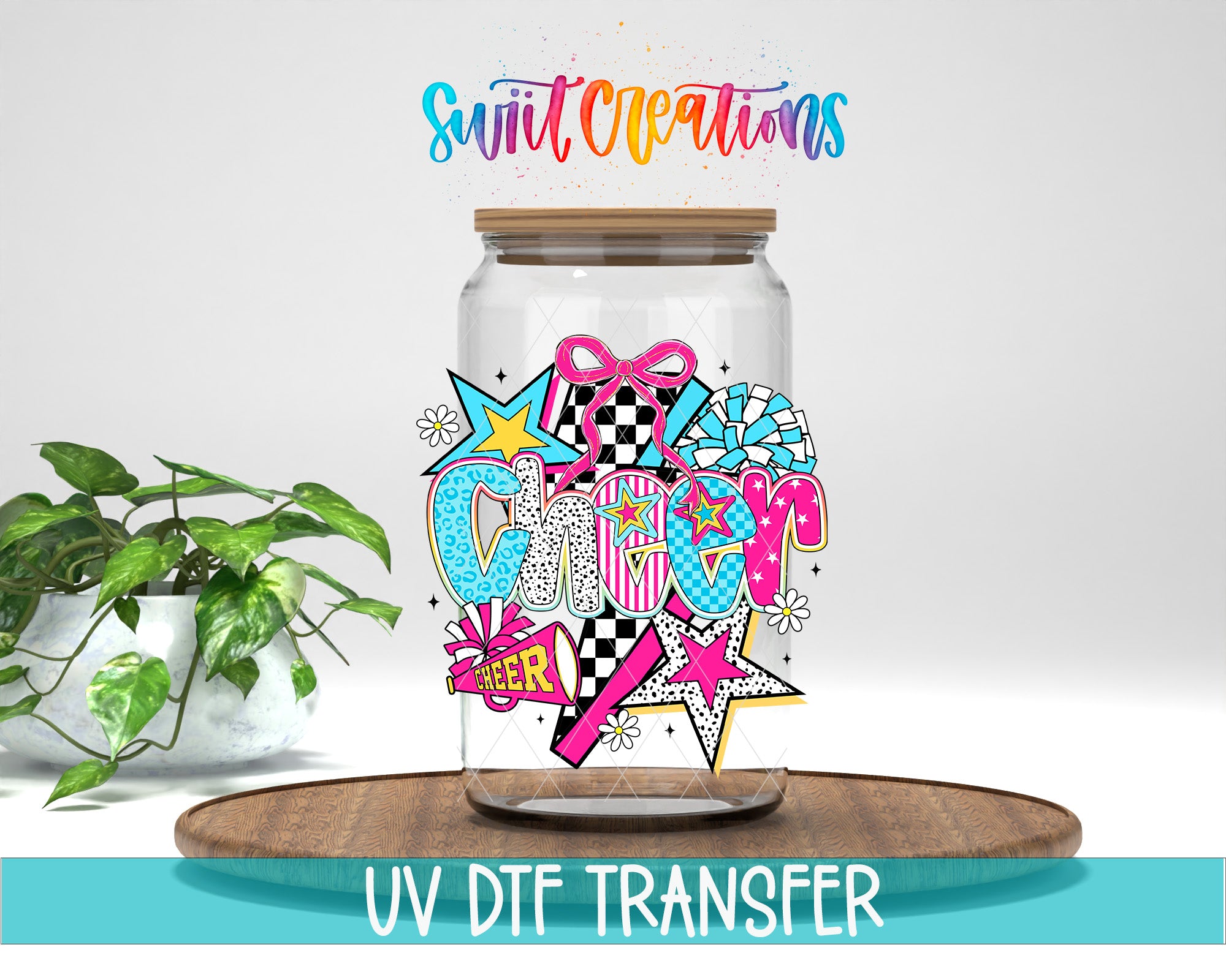 a glass jar with a colorful, artistic design on it, placed on a wooden surface.