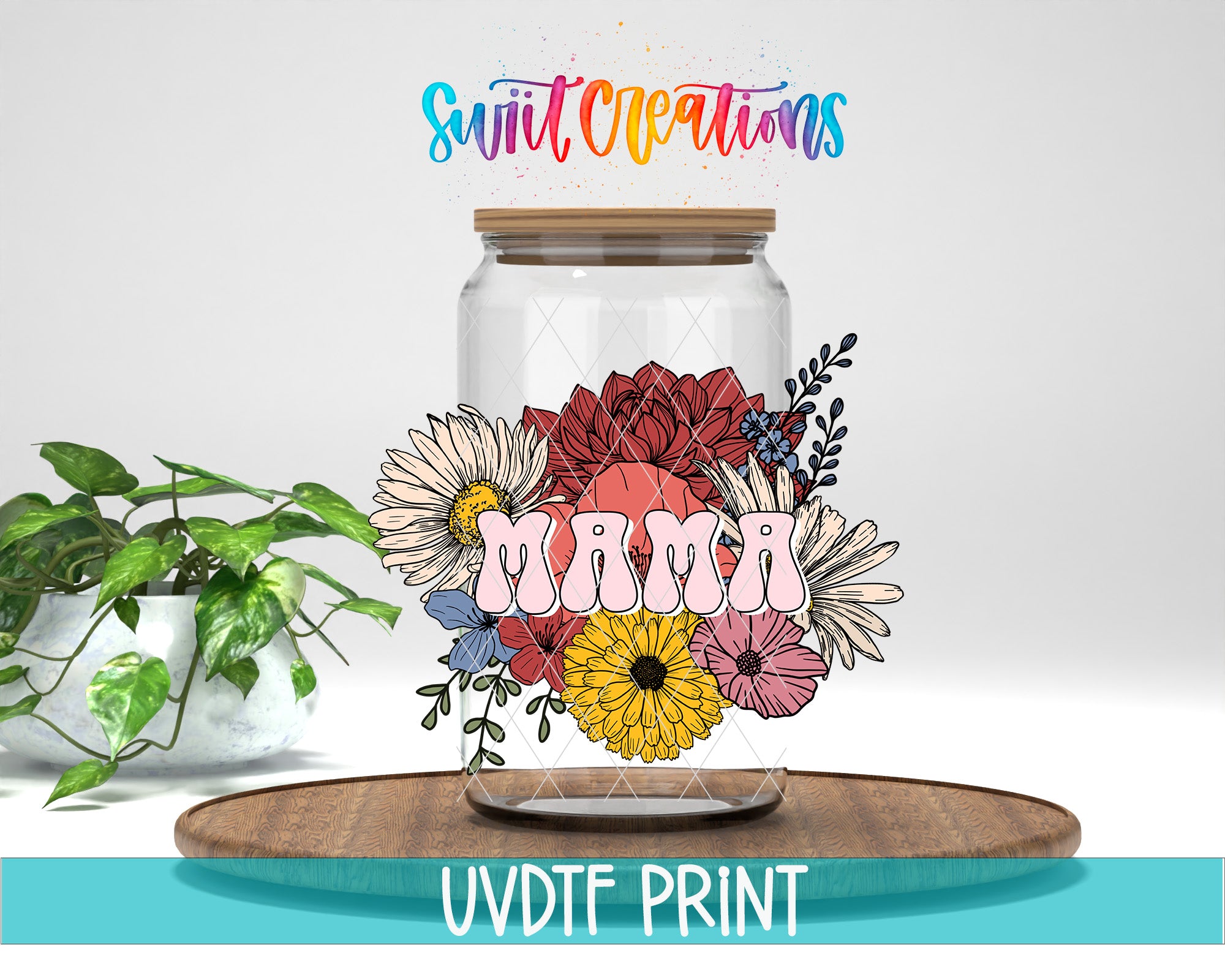 A glass jar with a floral design and the word "MAMA" printed on it, placed on a wooden surface.