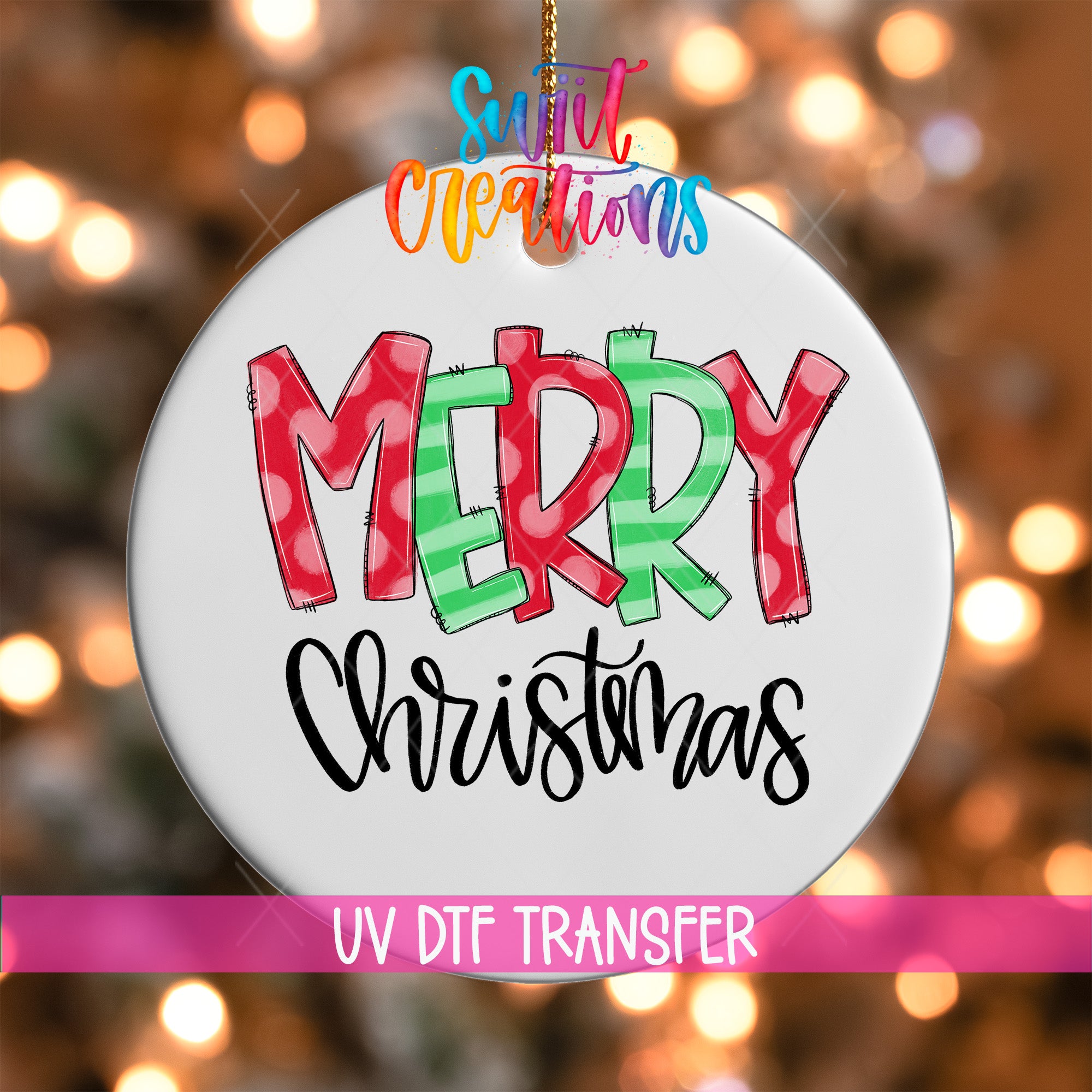 A white ornament with the text "MERRY CHRISTMAS" written on it, hanging against a background of colorful lights.