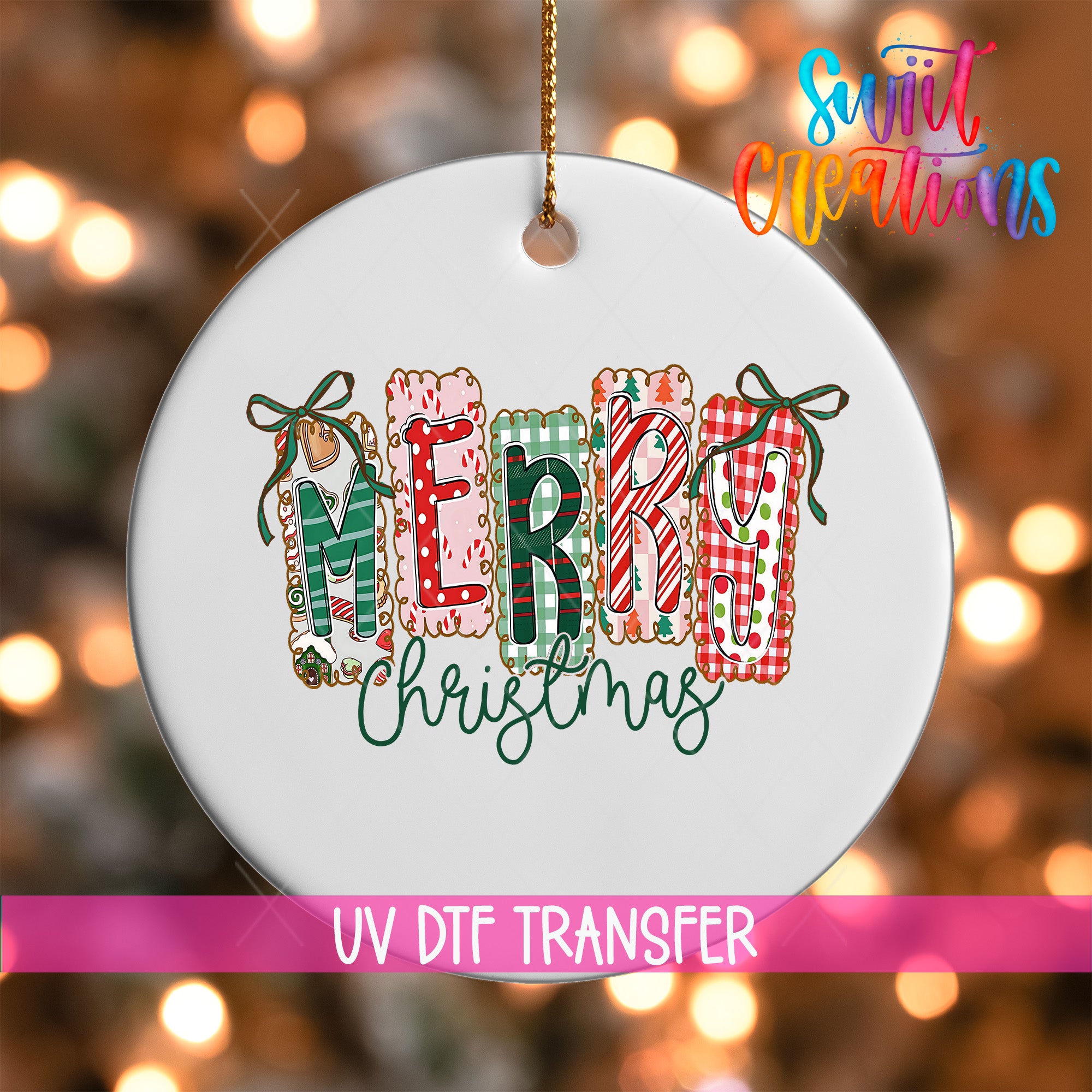 A white ceramic ornament with the word "MERRY CHRISTMAS" written in colorful letters.