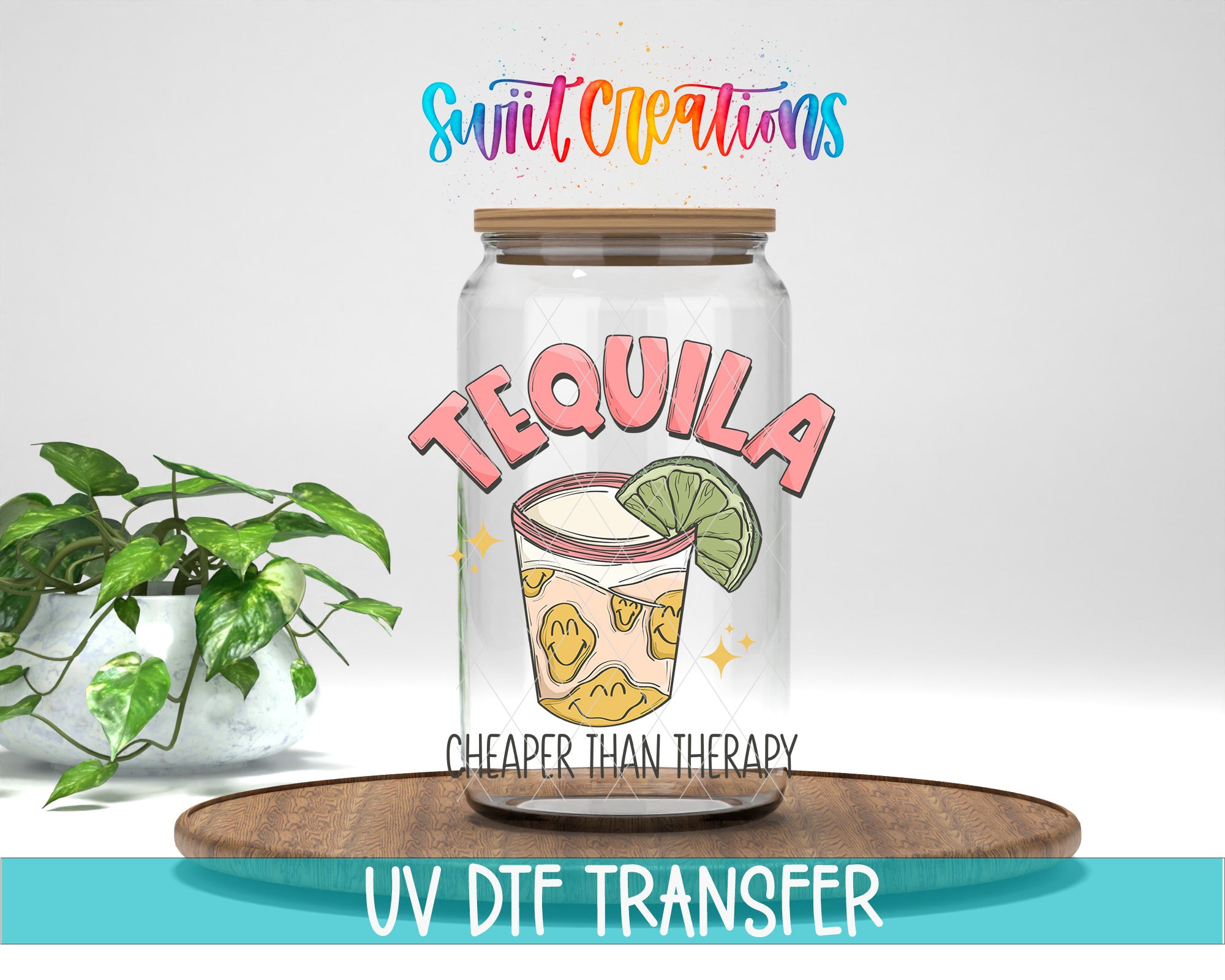 a clear glass jar with a label that says "TEQUILA" and a lime slice, placed on a wooden tray. The background is white, and there is a potted plant to the left of the jar.