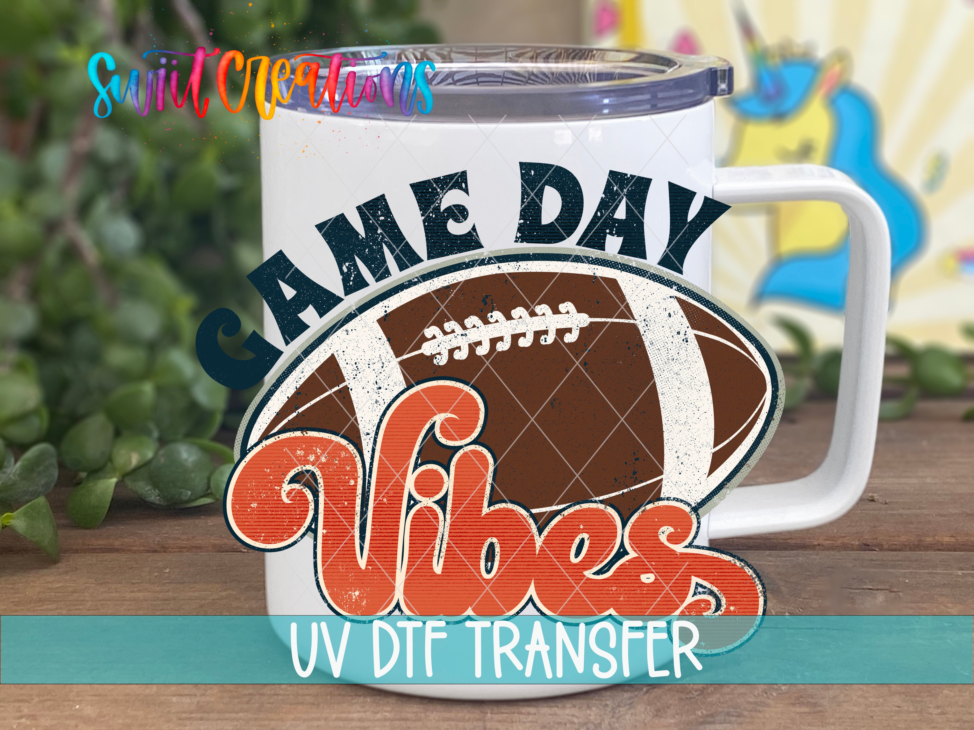 Swiit Creations Football Game Day Vibes UV DTF transfer displayed on a white coffee mug