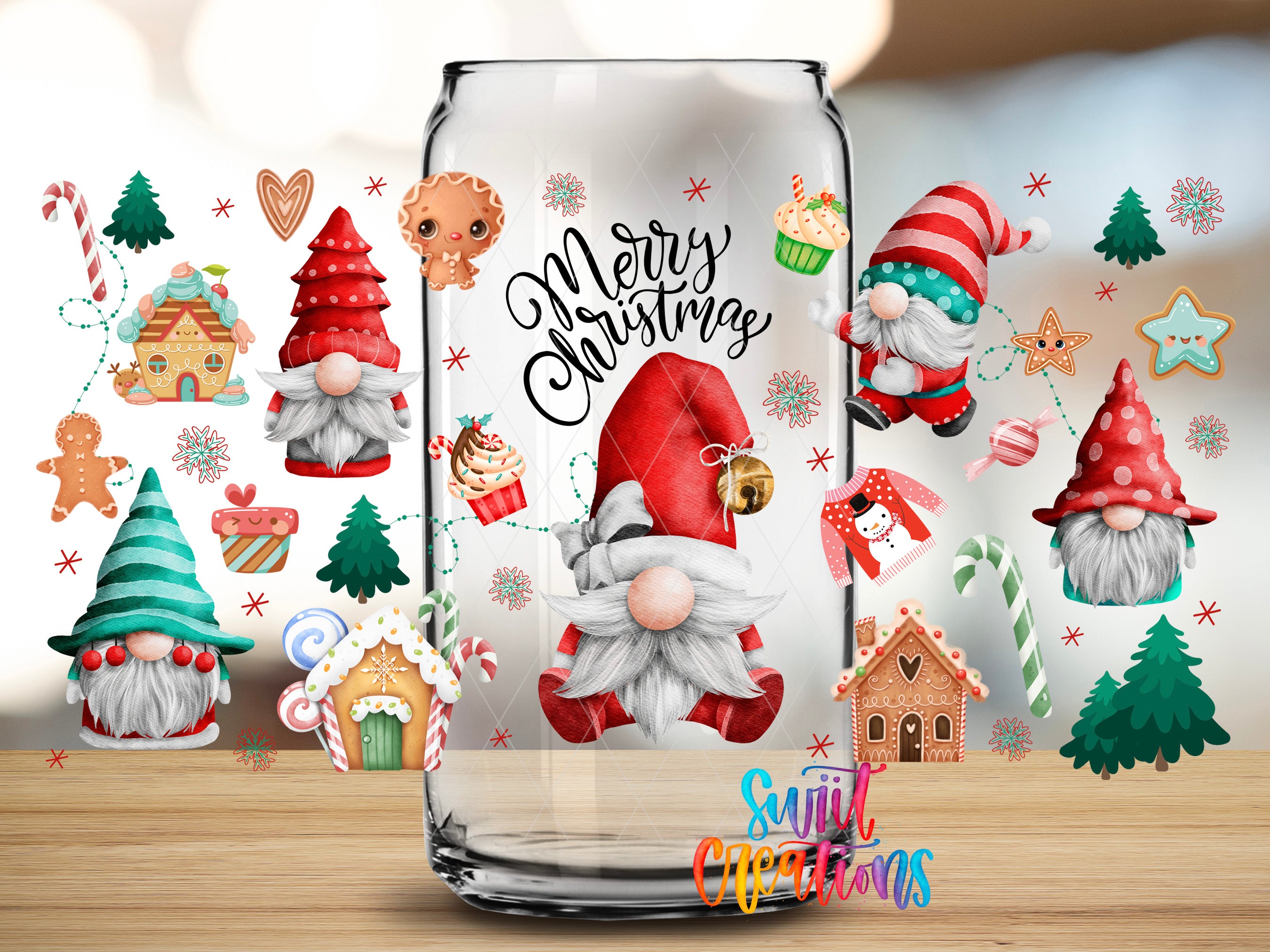A glass jar filled with various Christmas-themed illustrations, including gnomes, gingerbread houses, and other festive decorations. The jar is surrounded by a blurred background with Christmas trees and other holiday-themed elements.