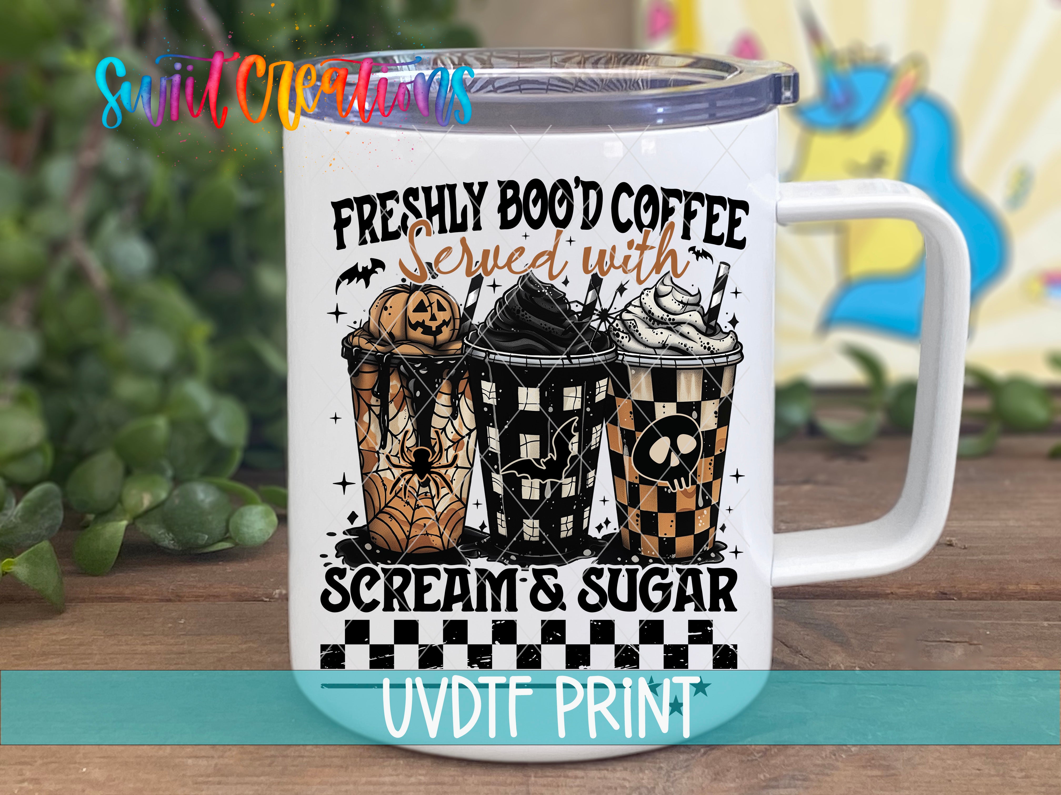 A white mug with a Halloween-themed design featuring three coffee cups with spooky elements such as bats, skulls, and a pumpkin.