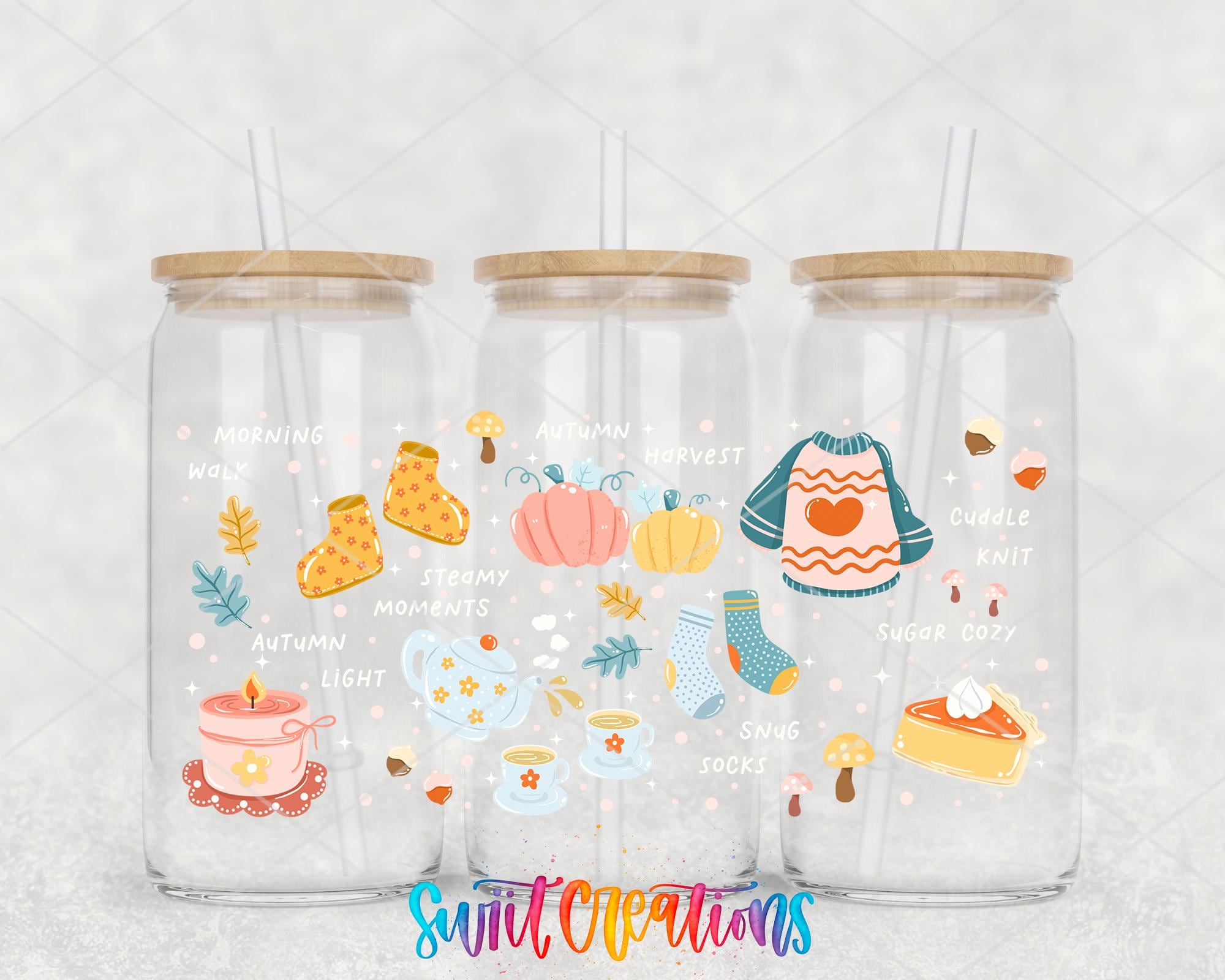 A collage of three glass tumblers with straws, each featuring illustrations of autumn-themed objects and text.