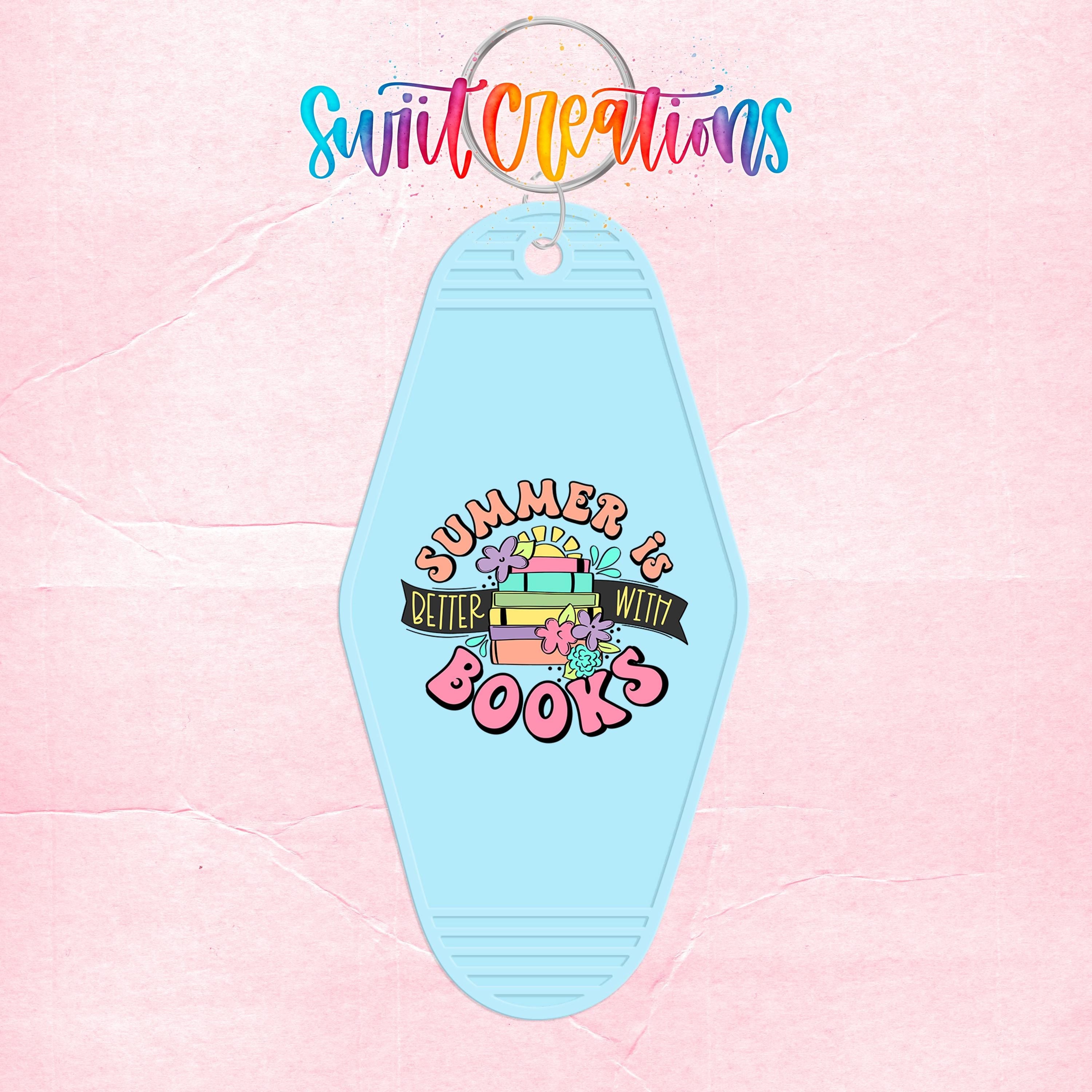 A keychain with a colorful design featuring the text "Summer is better with books" and illustrations of books and flowers.