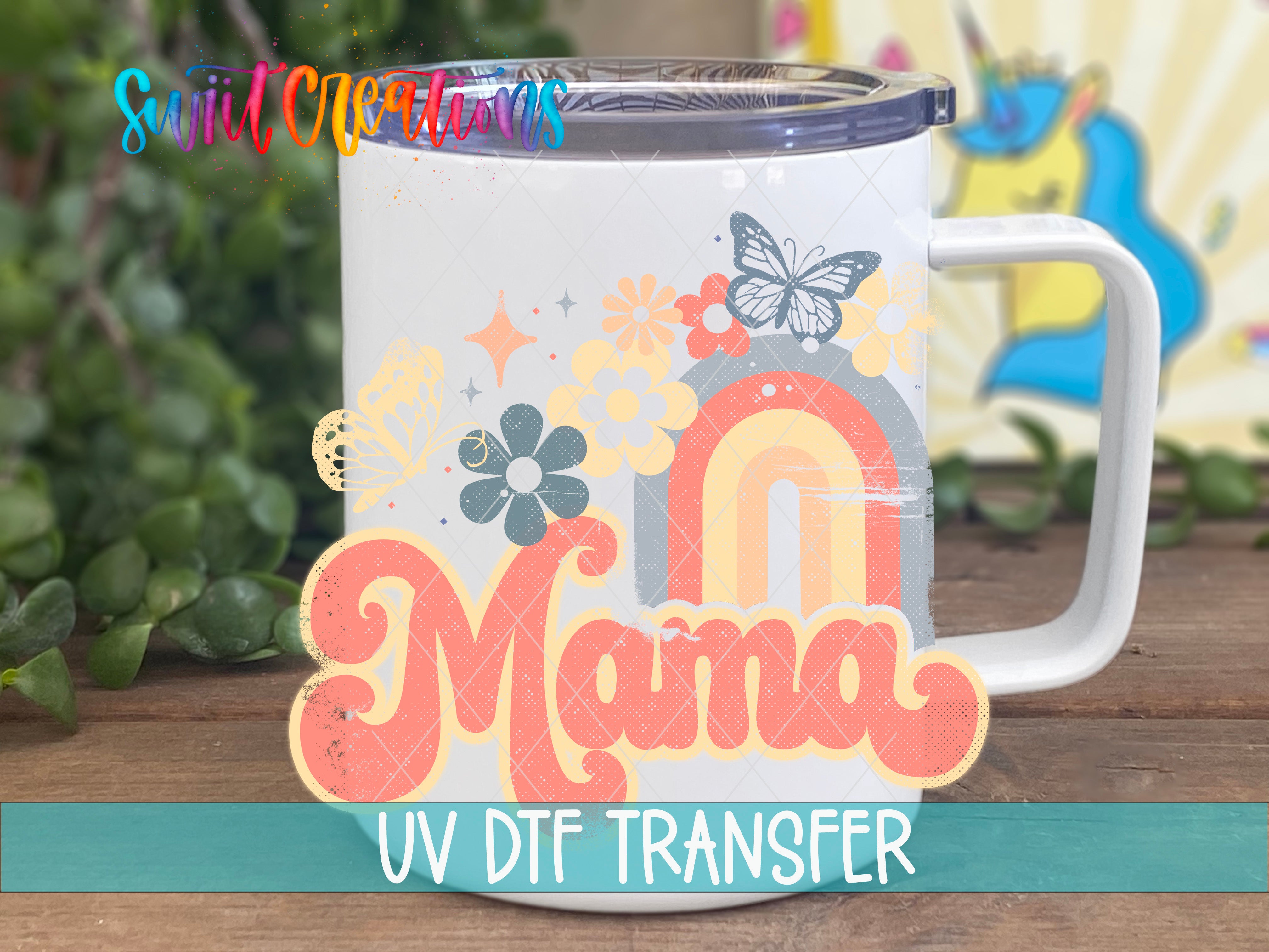 Swiit Creations UV DTF Mama Rainbow Floral transfer displayed on a white coffee mug