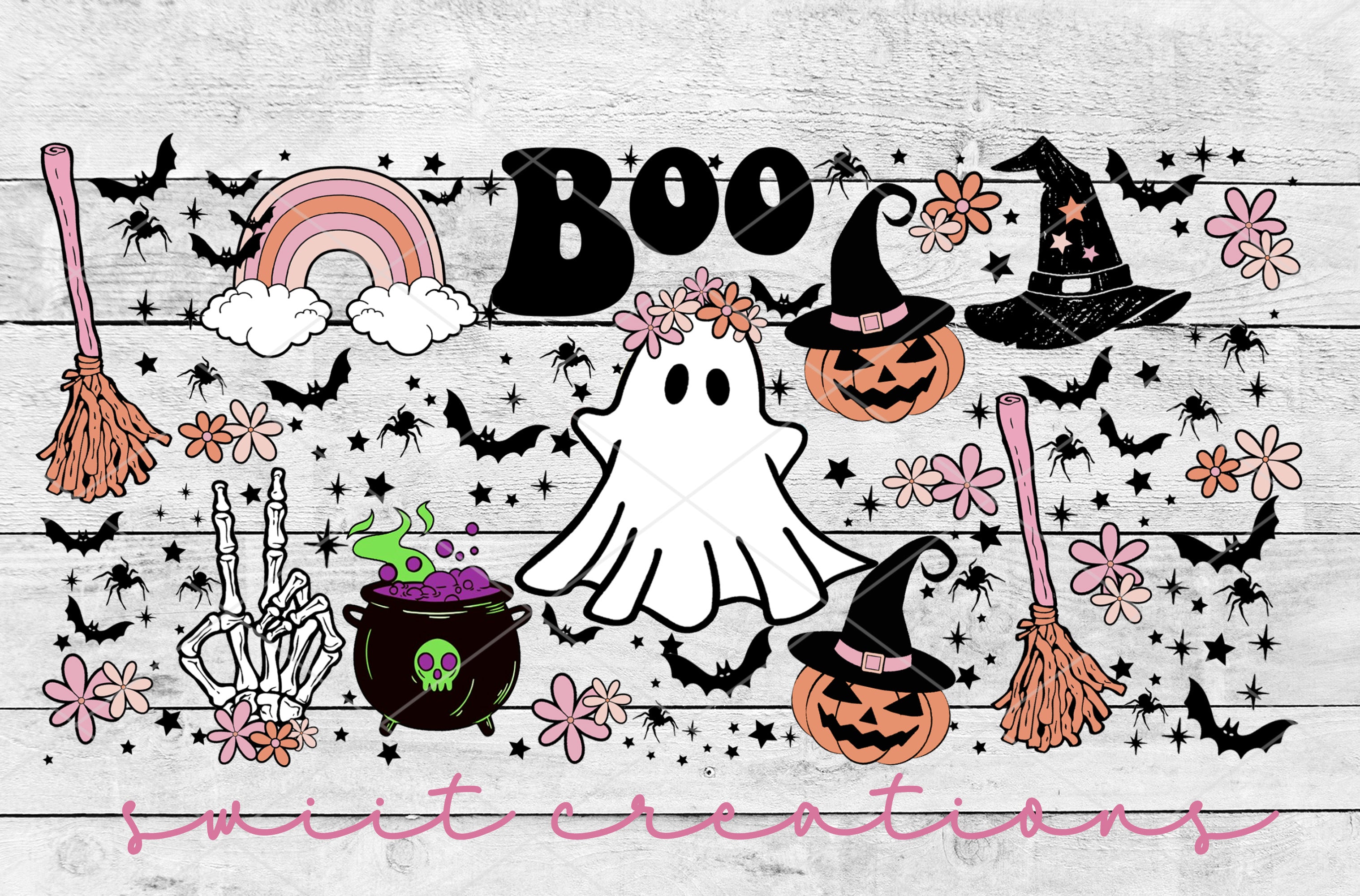 a halloween scene with a ghost and witches
