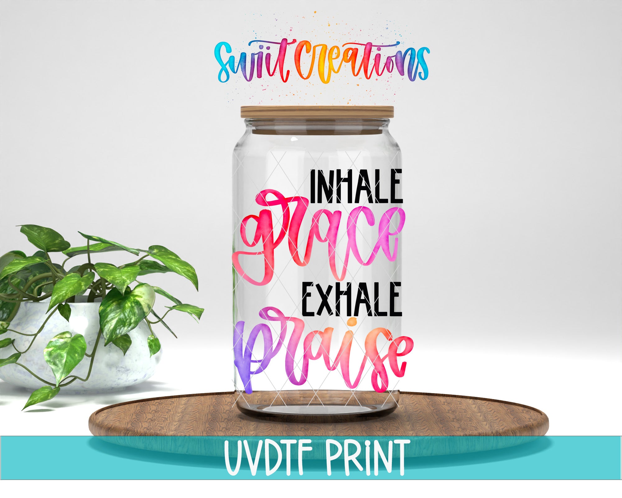 a glass jar with a lid, placed on a wooden surface, with a potted plant in the background. The jar has colorful text on it, and there is a logo above the jar that says "Swift Creations".