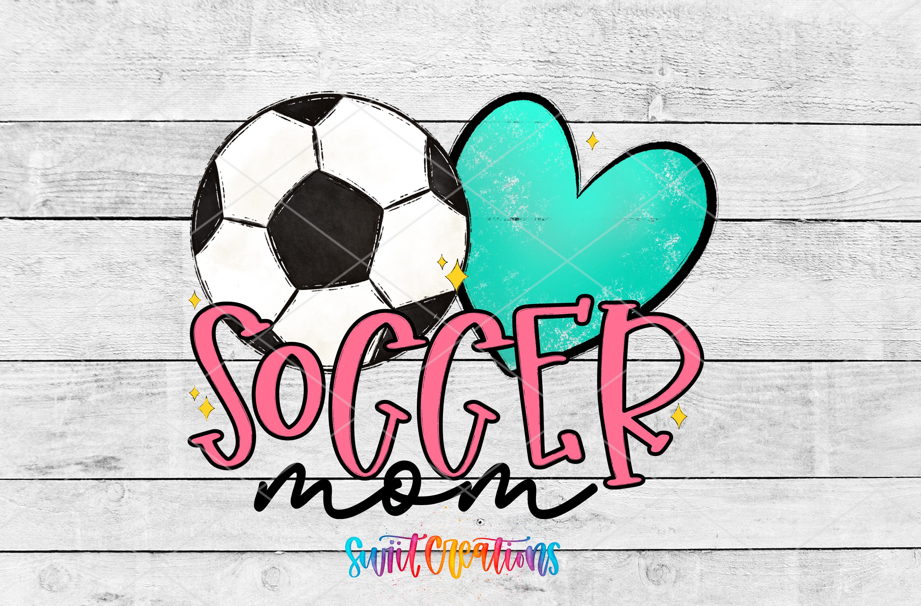 a soccer ball and a heart, with the text "SOCCER mom" written below them.