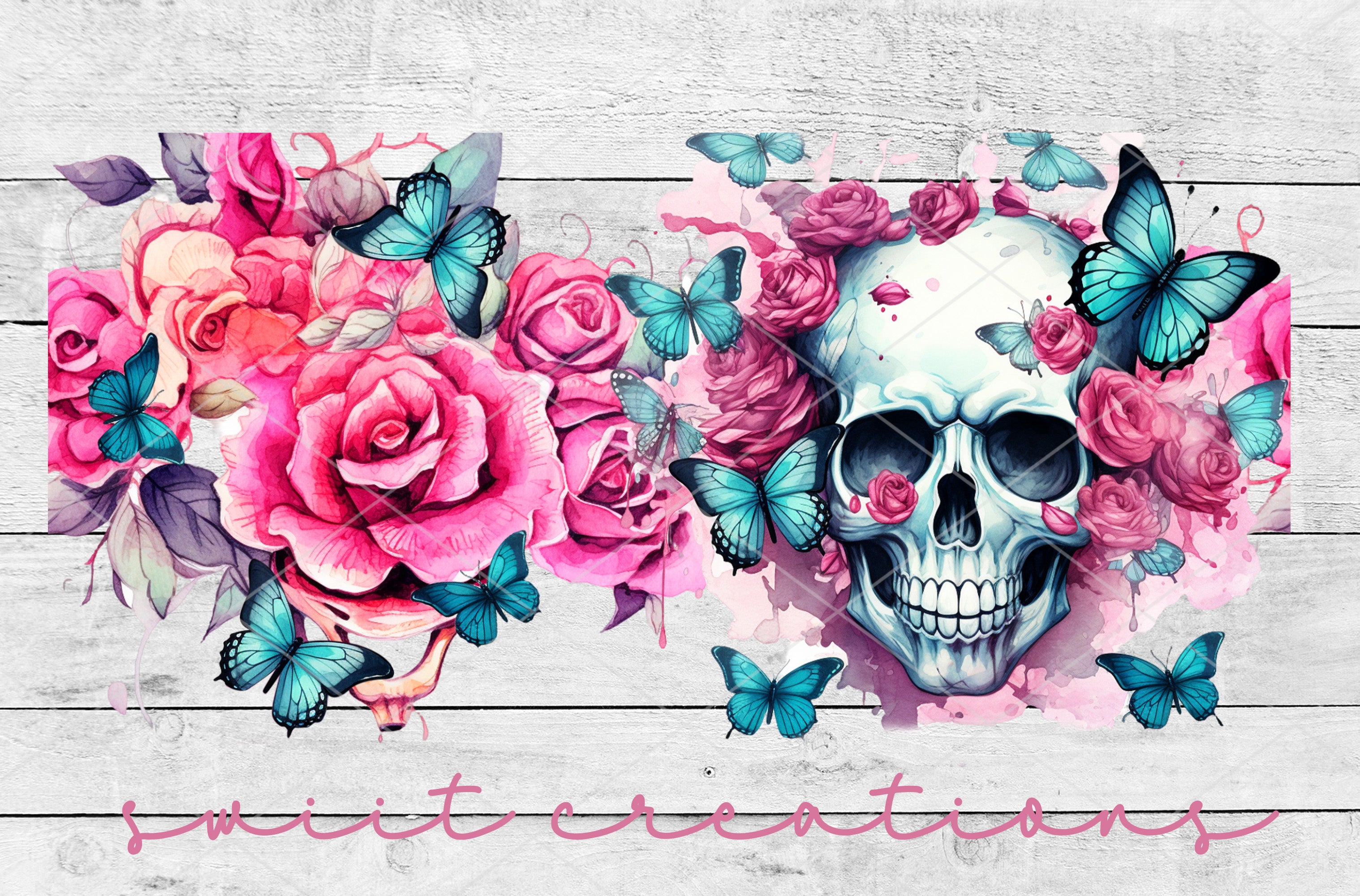 a skull with roses and butterflies on a wooden background