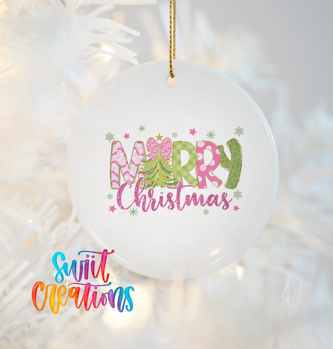 A white Christmas ornament with the text "Merry Christmas" in a colorful, stylized font.