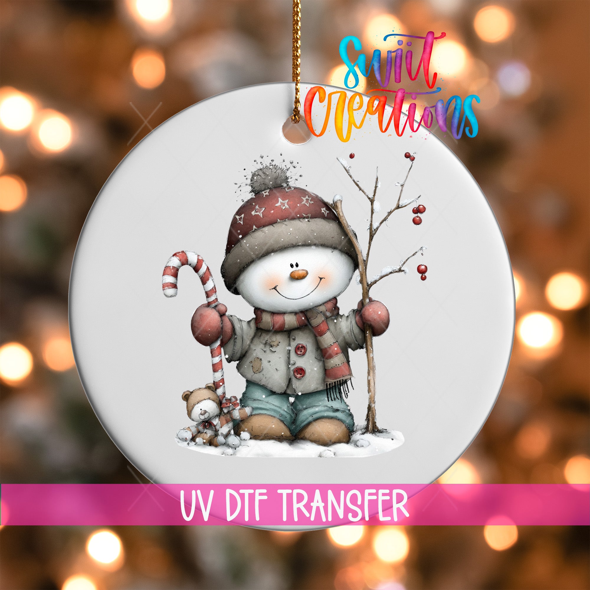 A snowman ornament with a candy cane and a small teddy bear, set against a blurred background with Christmas lights.