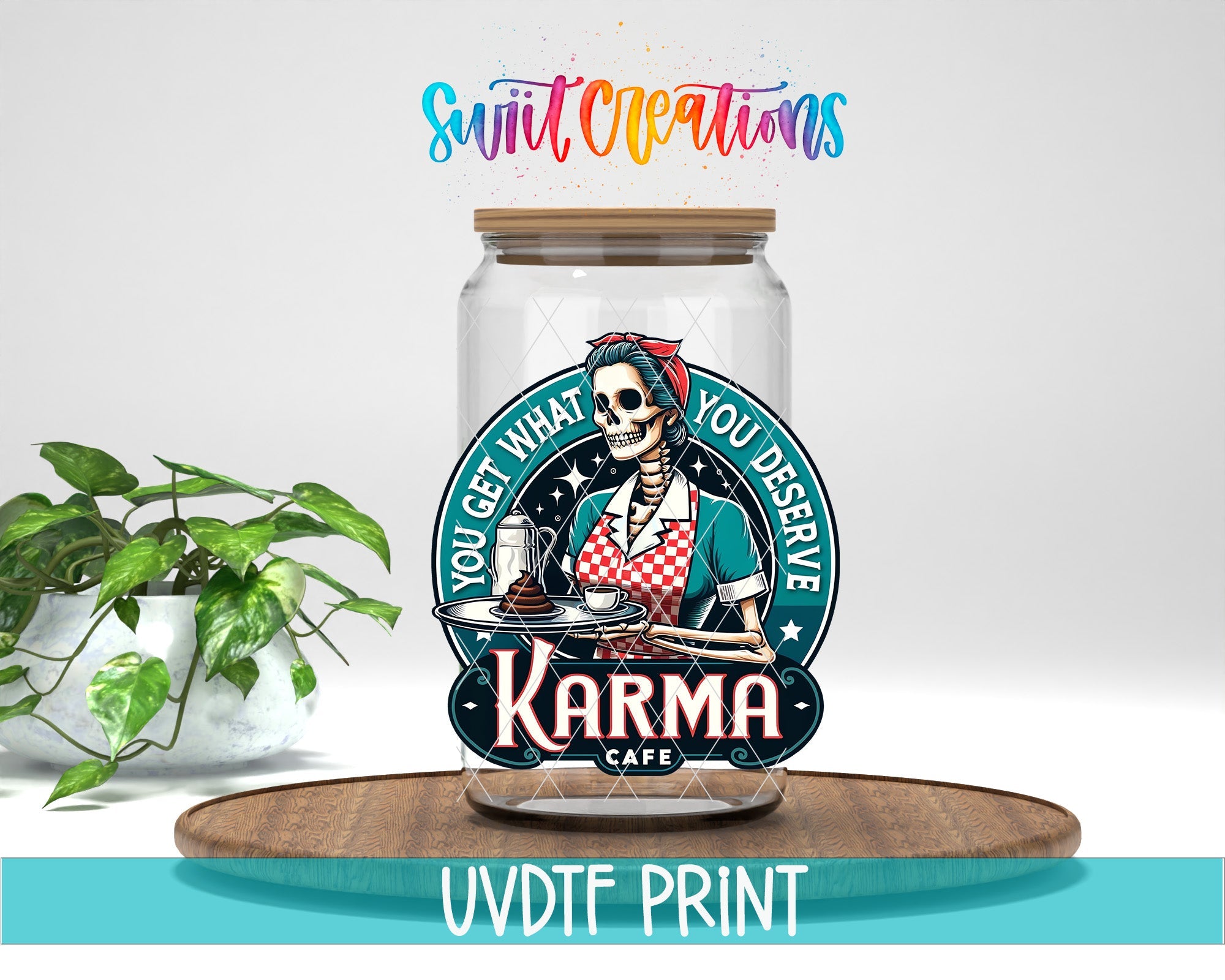 a jar with a sticker on it sitting next to a potted plant