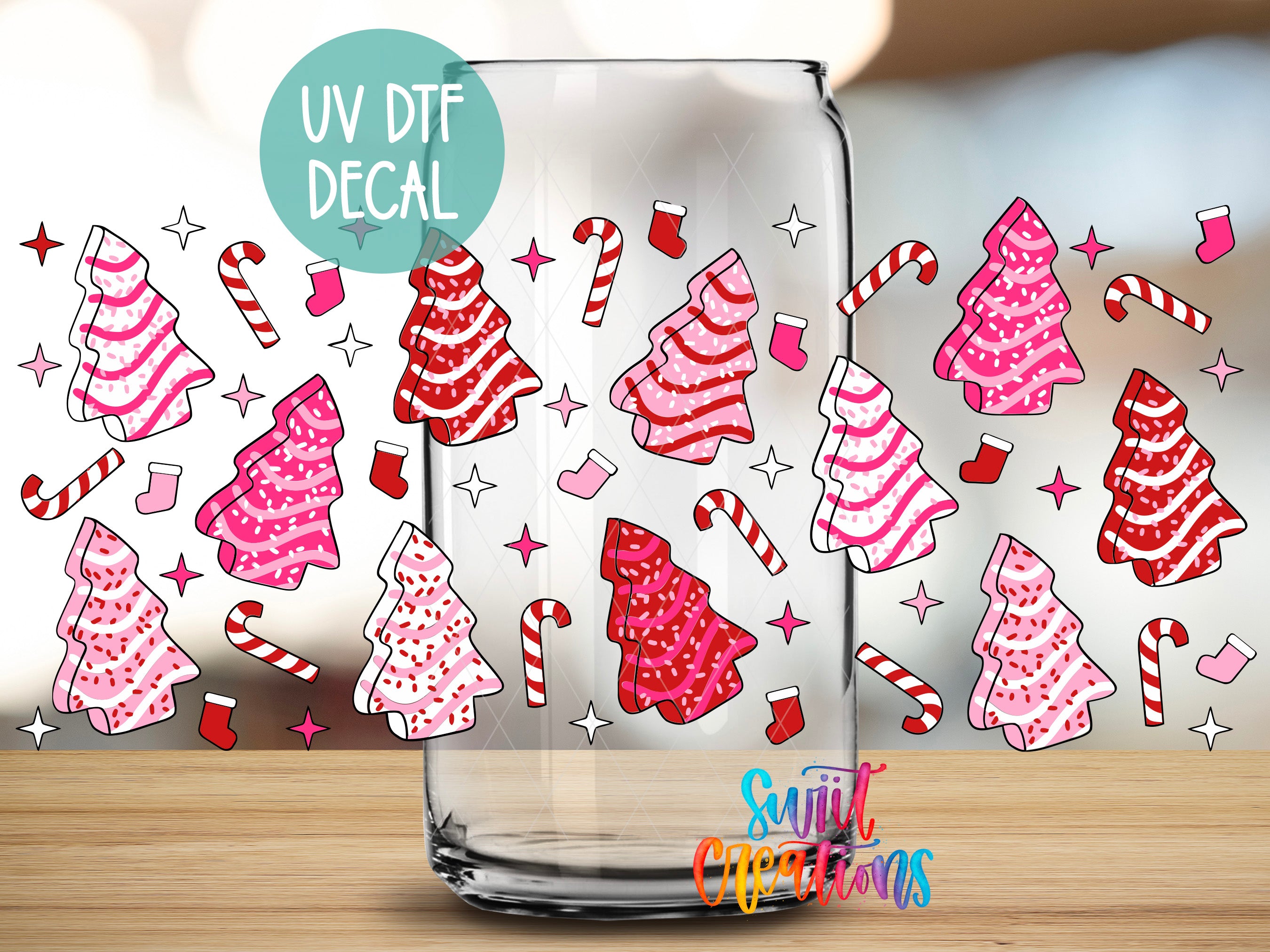 a glass jar with a festive design of Christmas trees, candy canes, and other holiday-themed elements.
