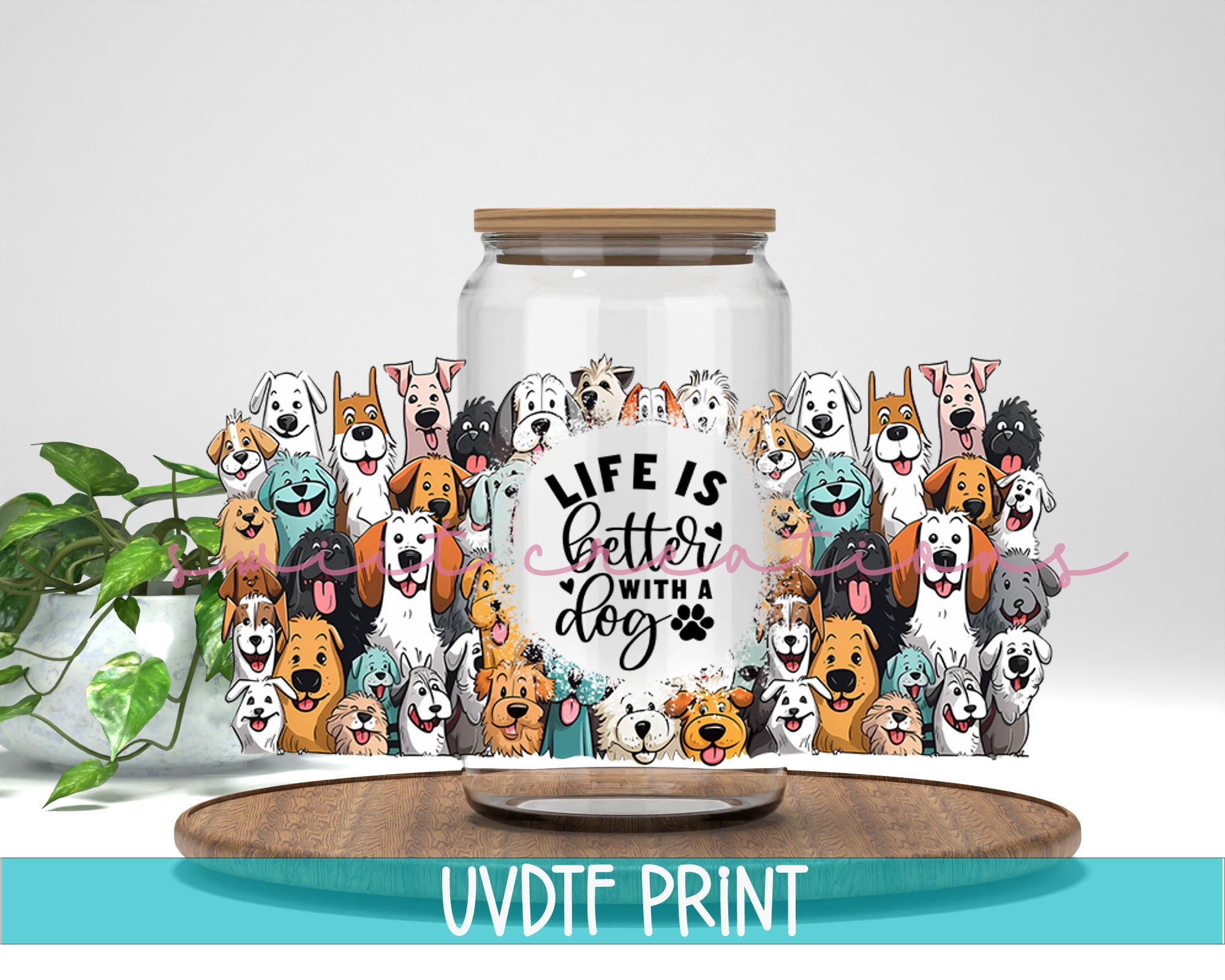 a jar filled with lots of dogs on top of a table