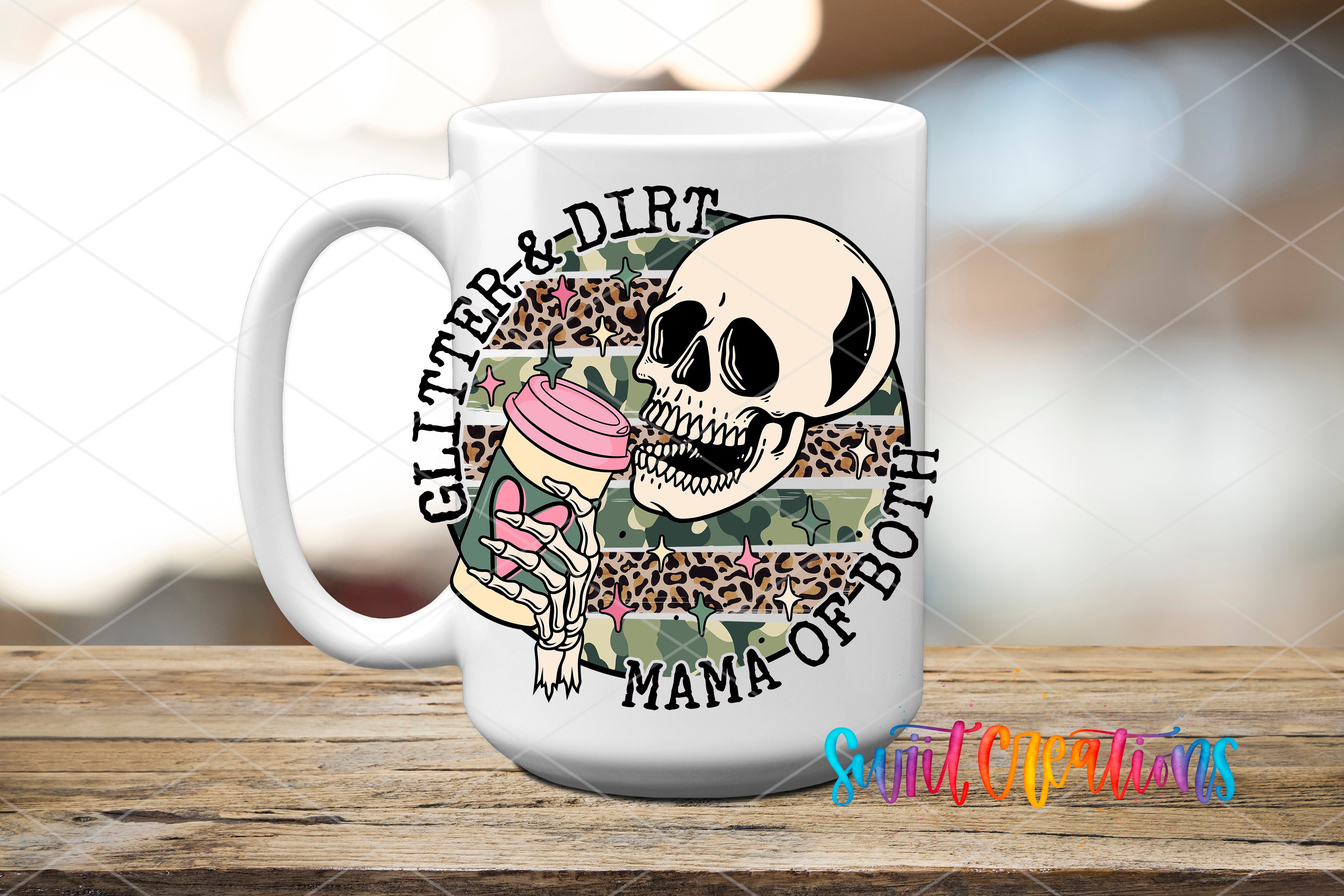 A white ceramic mug with a graphic design featuring a skull, a bottle, and the text "GITTER & DIRT MAMA OF BOTH" printed on it.