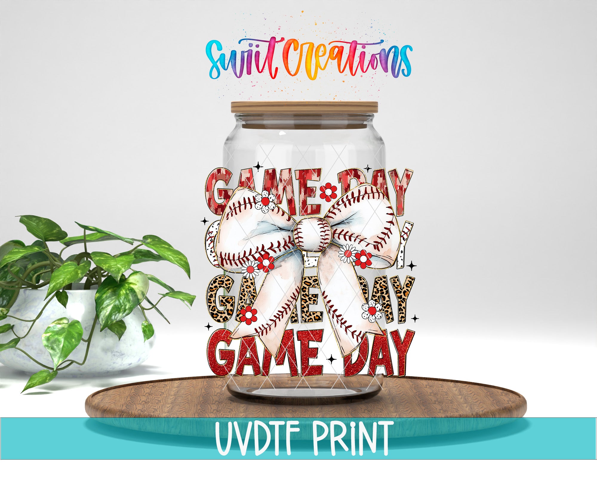 A glass jar with a baseball design and the text "GAME DAY" printed on it, placed on a wooden surface.