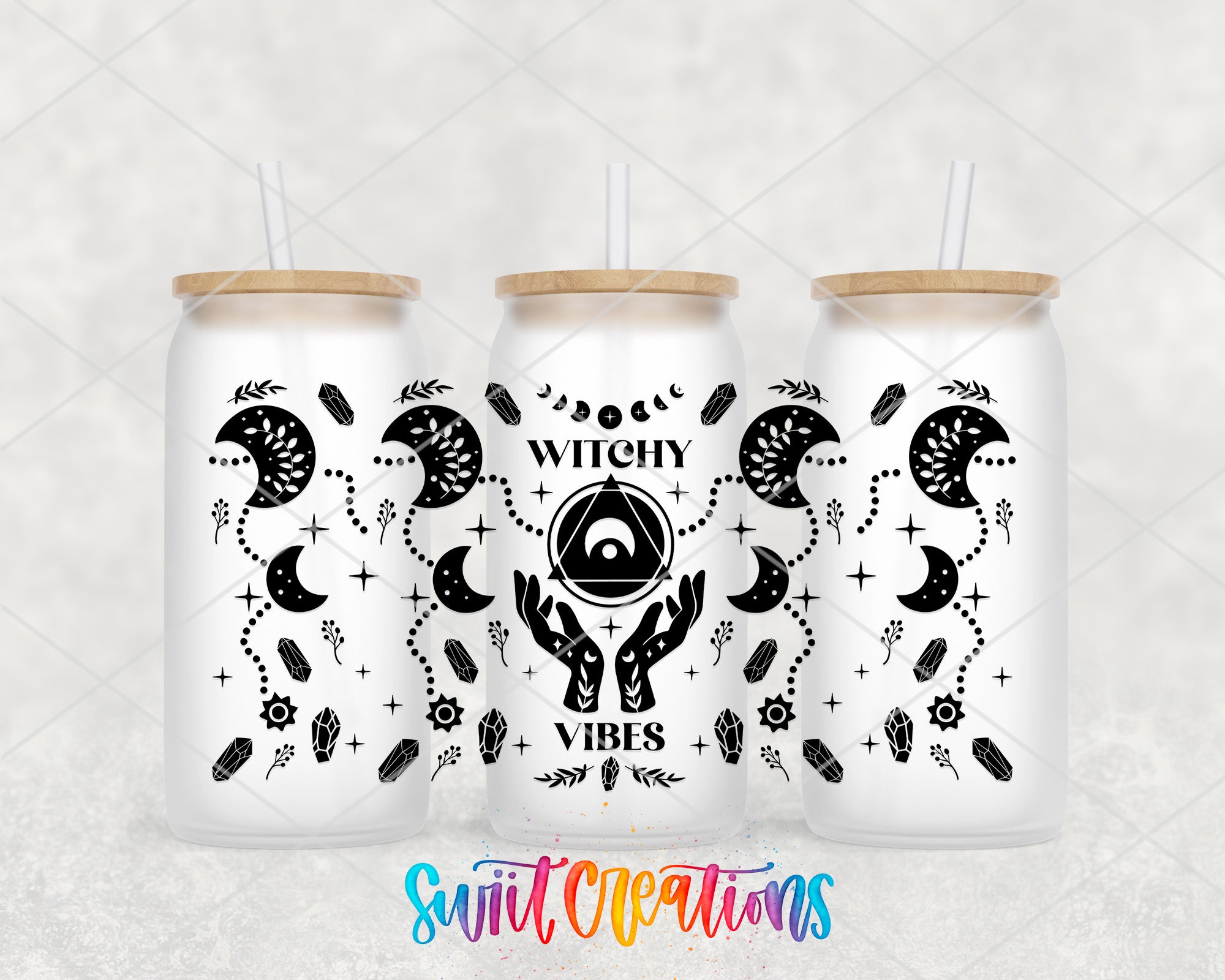 three white tumblers with black designs and text, including the words "Witchy Vibes" and various symbols related to mystical and spiritual themes.