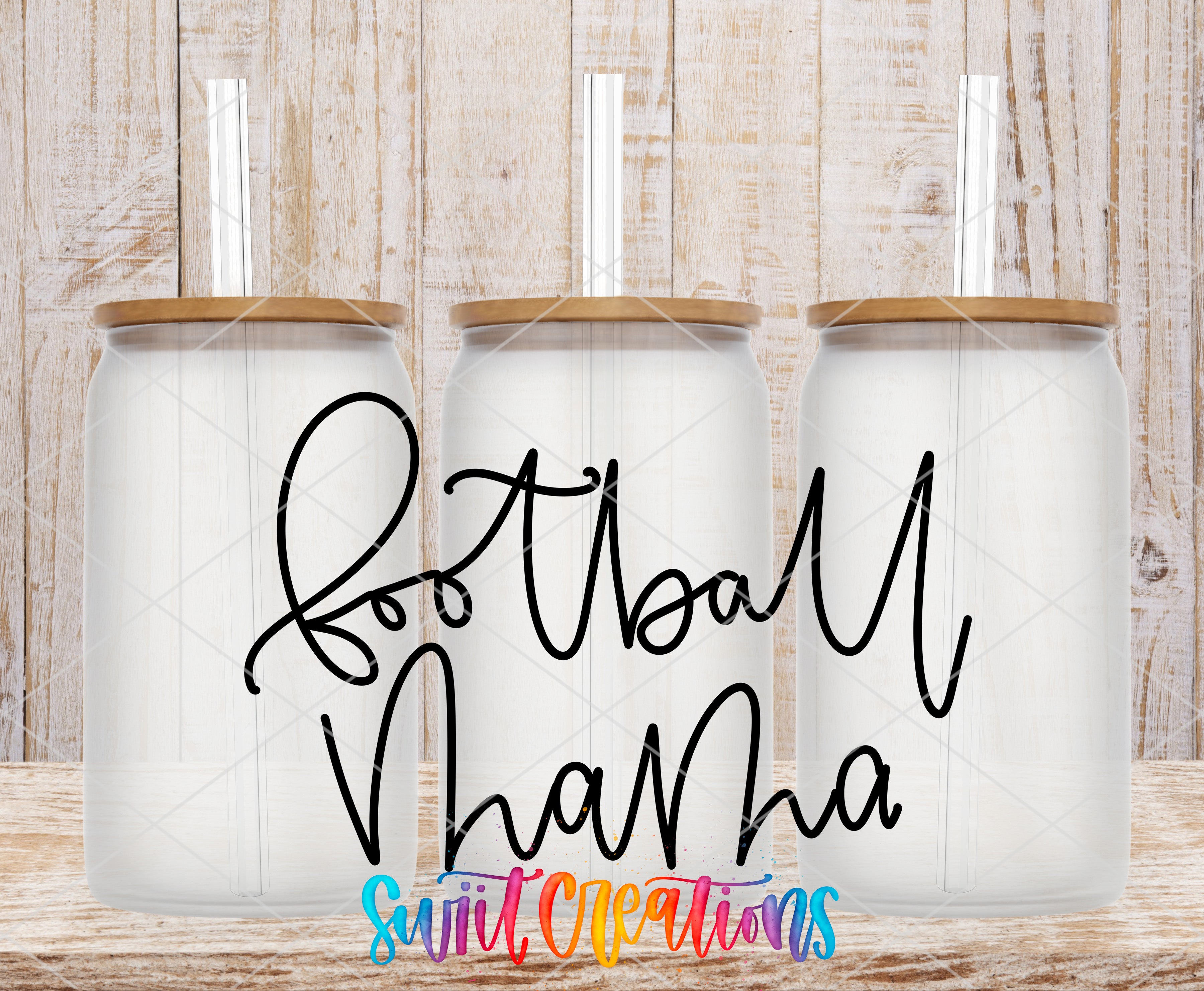 three white glass jars with wooden lids, arranged in a row against a wooden background. The jars have straws attached to their lids. The text "Football Mama" is written in a cursive font in the center of the image.