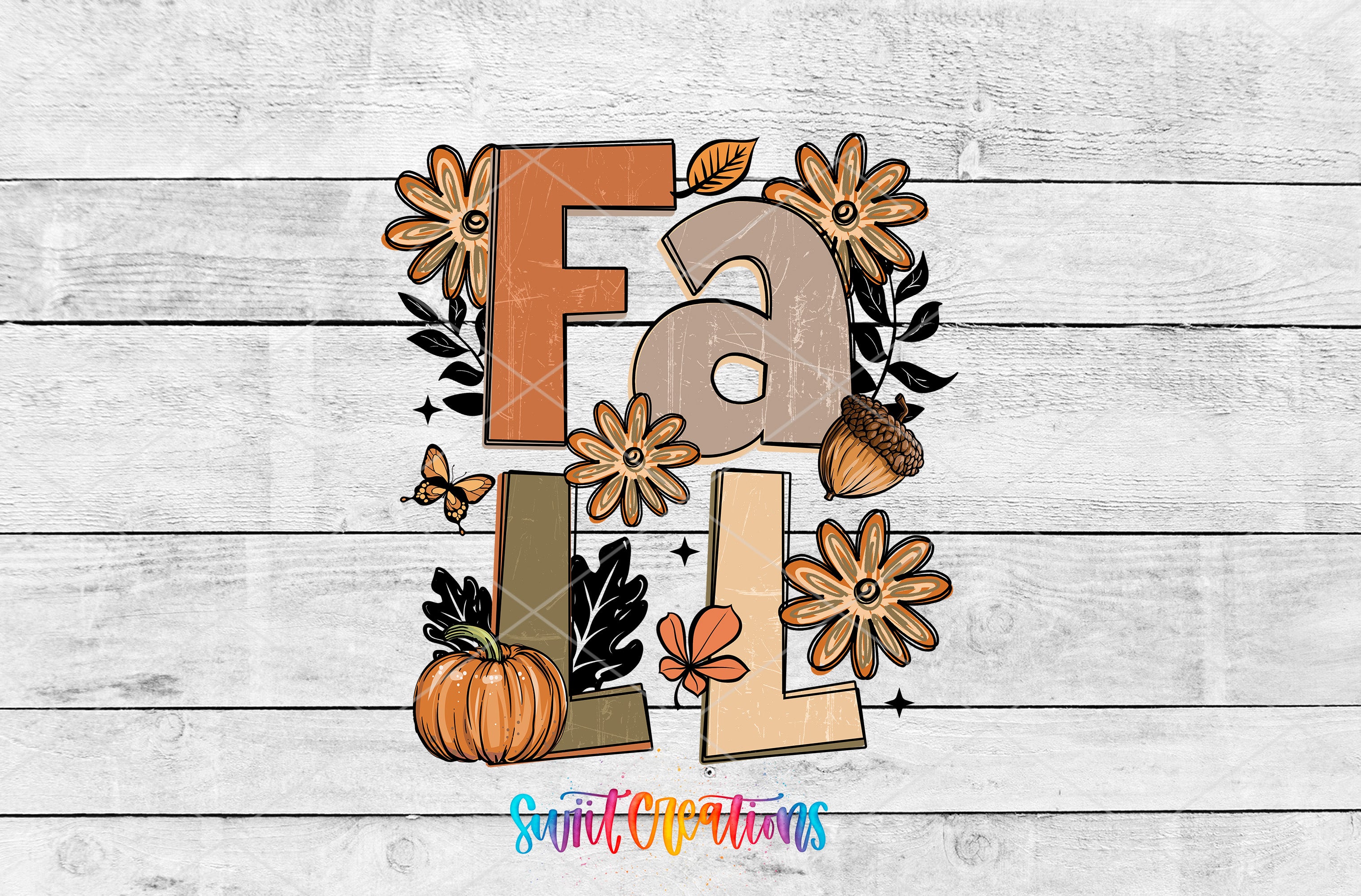 The image is a colorful and artistic representation of the word "FALL" composed of various fall-themed elements such as flowers, leaves, a pumpkin, and acorns.