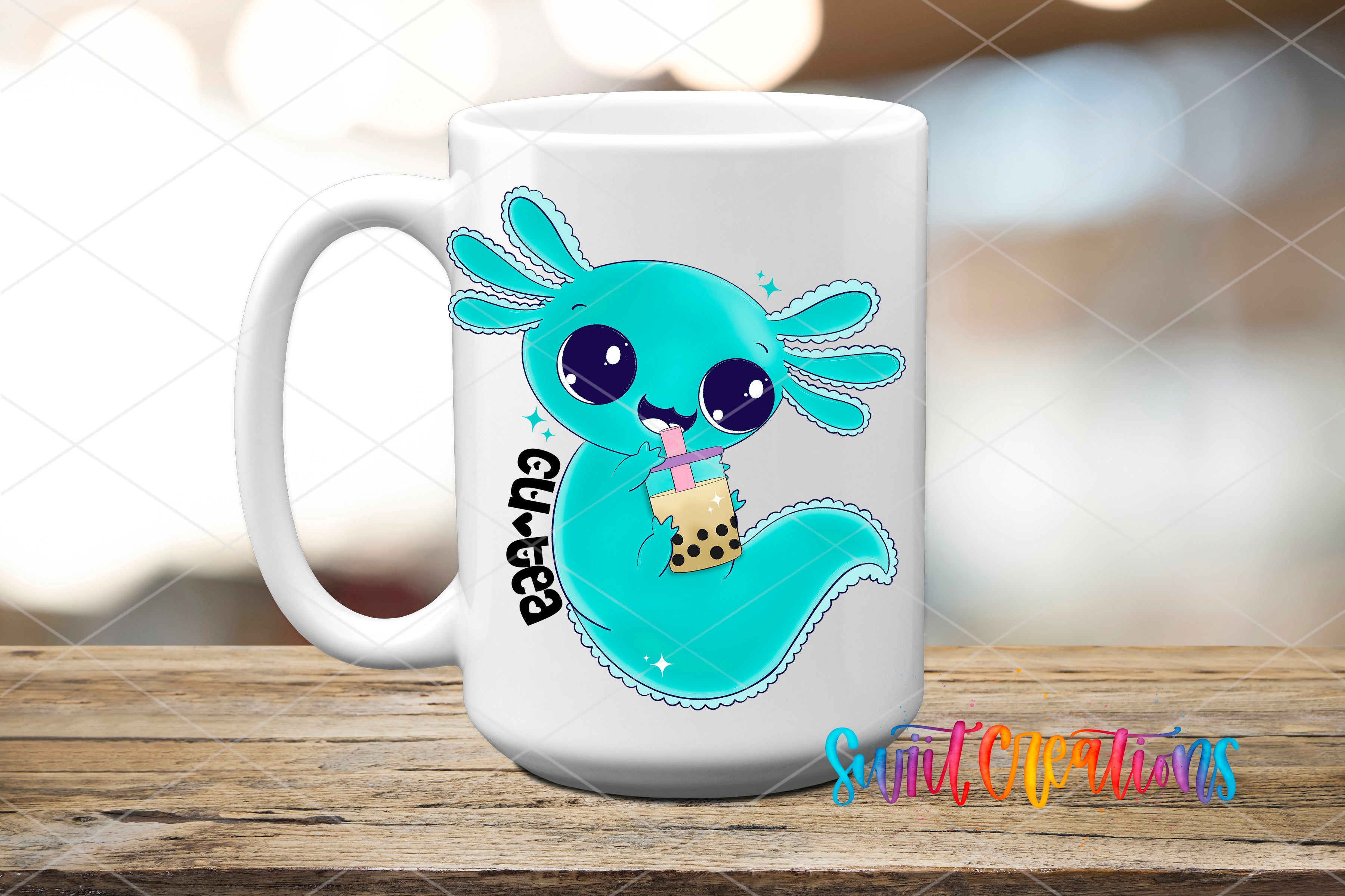 A white mug with a cartoon image of a blue axolotl, a type of salamander, drinking from a bubble tea cup.