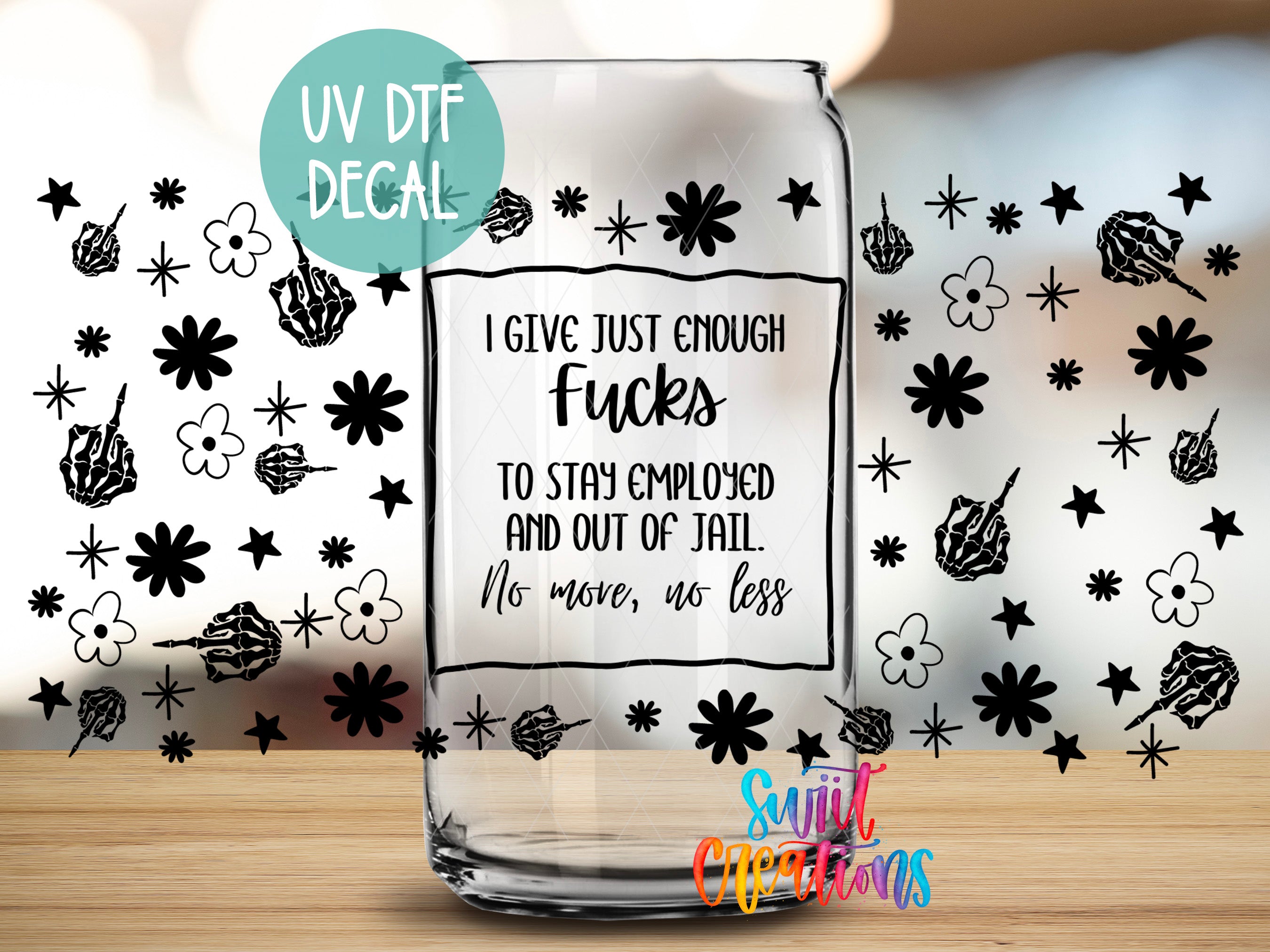 a glass jar with a humorous message printed on it, surrounded by various black and white silhouettes and flowers.