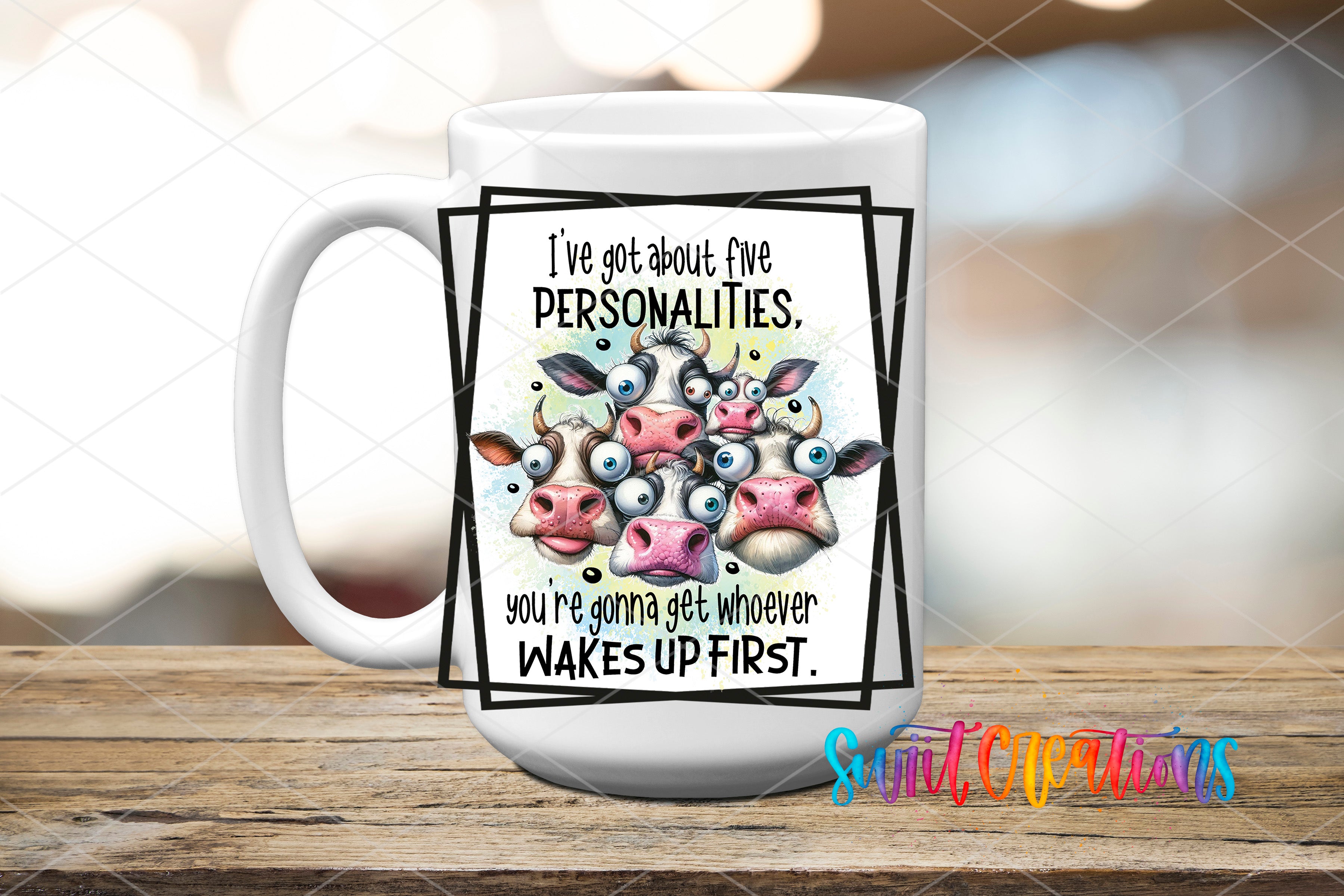 Swiit Creations UV DTF Five Personalities Cow transfer applied to a white ceramic mug