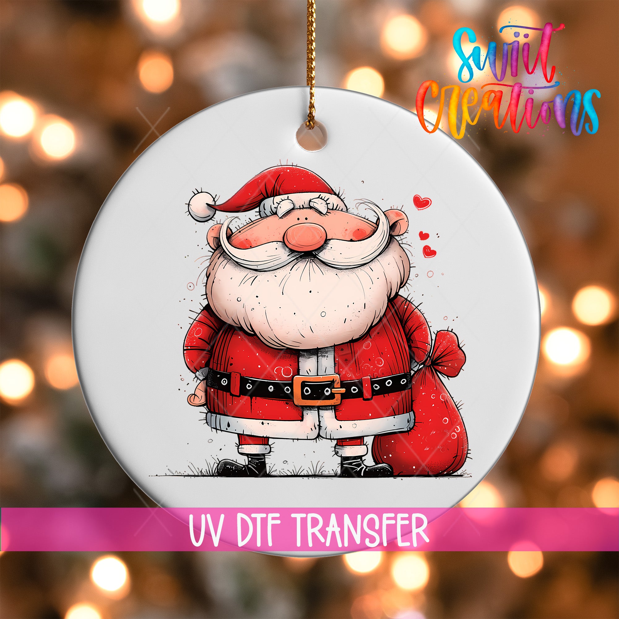 A ceramic ornament featuring a cartoon illustration of Santa Claus with a red sack on his back.