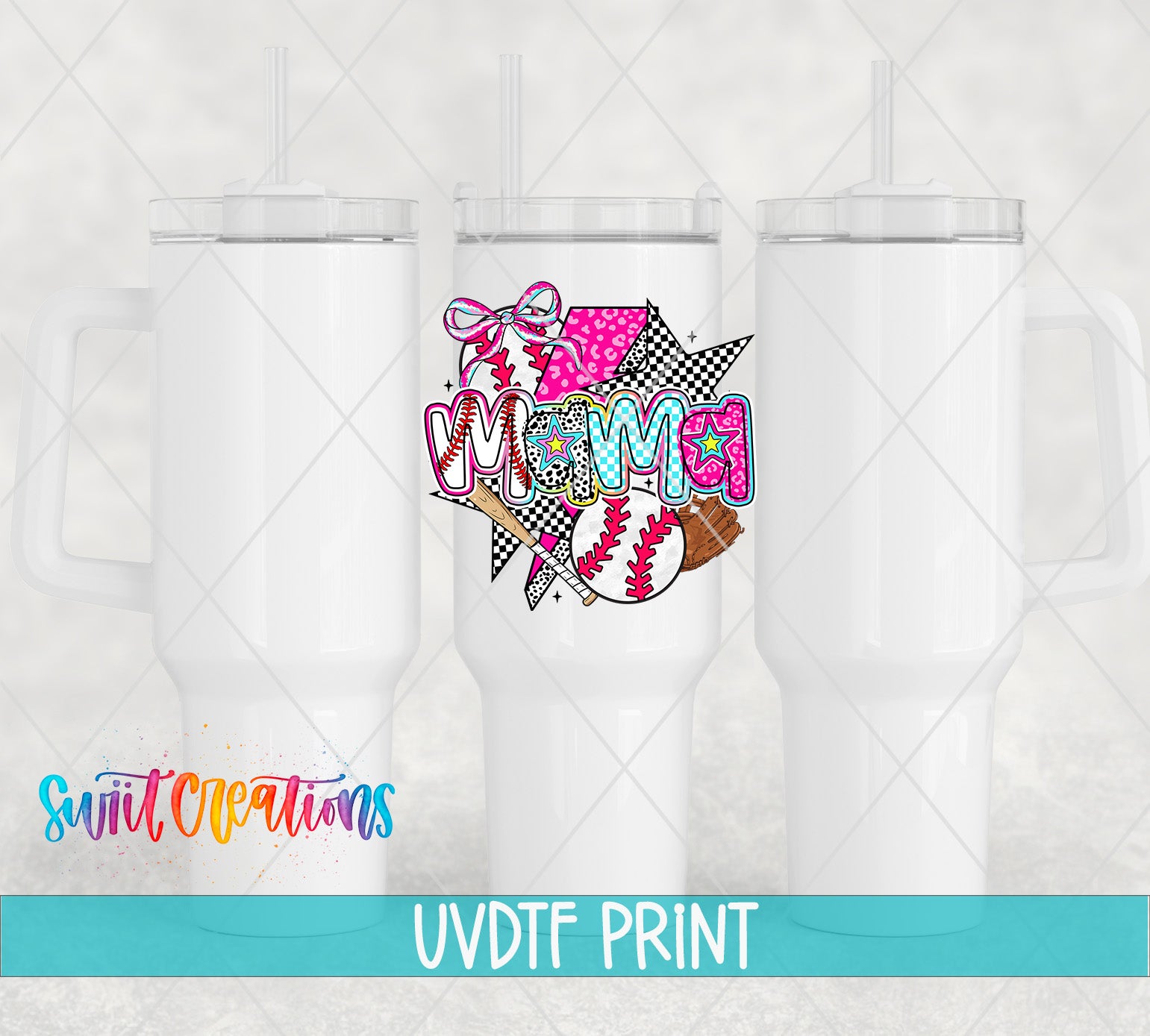 three white tumblers with colorful designs and text printed on them.