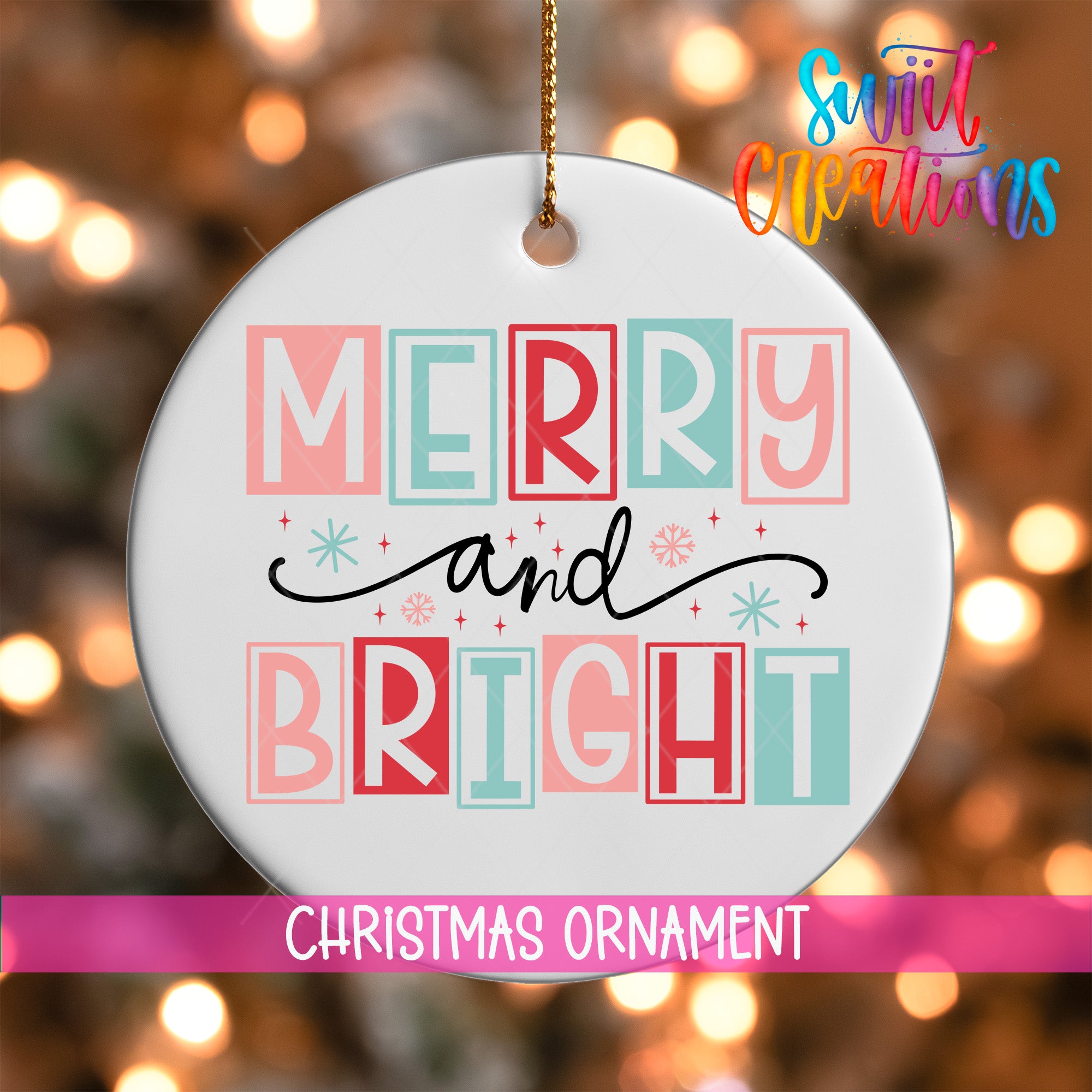 A white Christmas ornament with the text "MERRY AND BRIGHT" in a colorful, stylized font.