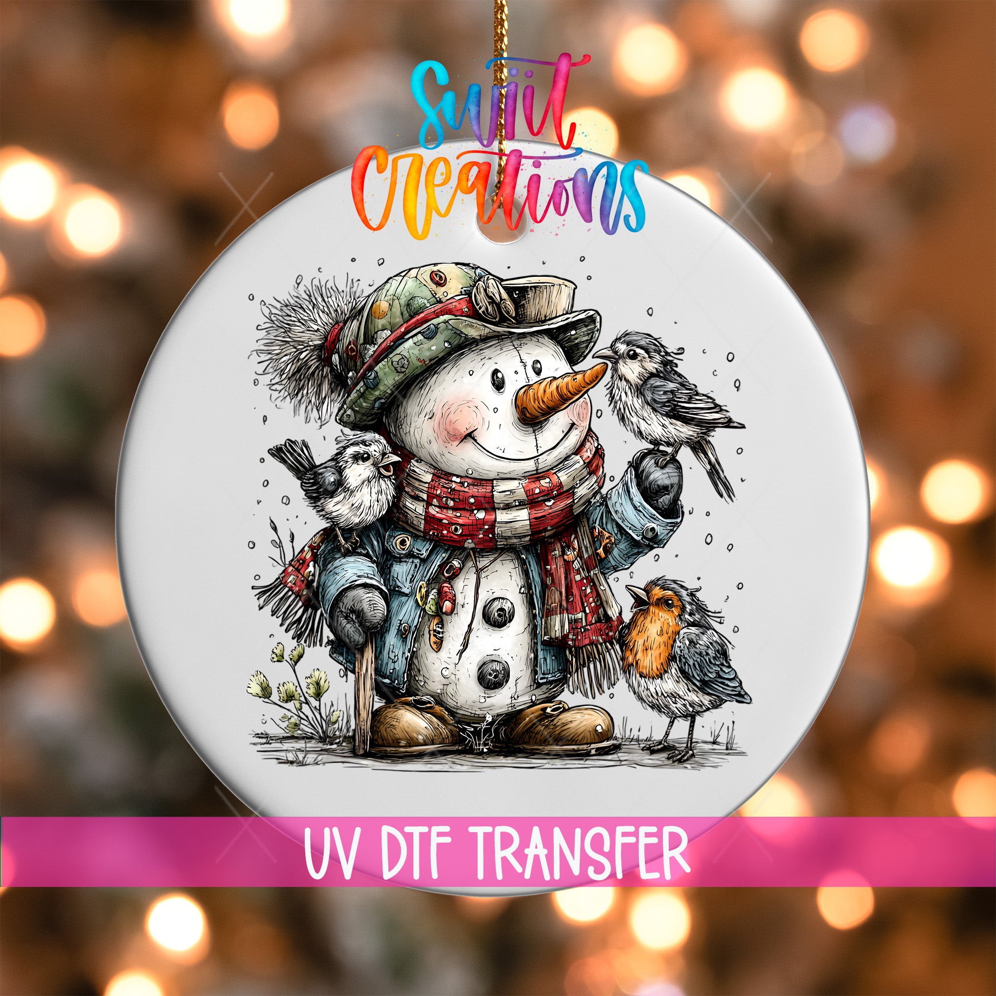A snowman ornament with a bird perched on its arm, surrounded by snowflakes, against a blurred background of Christmas lights.