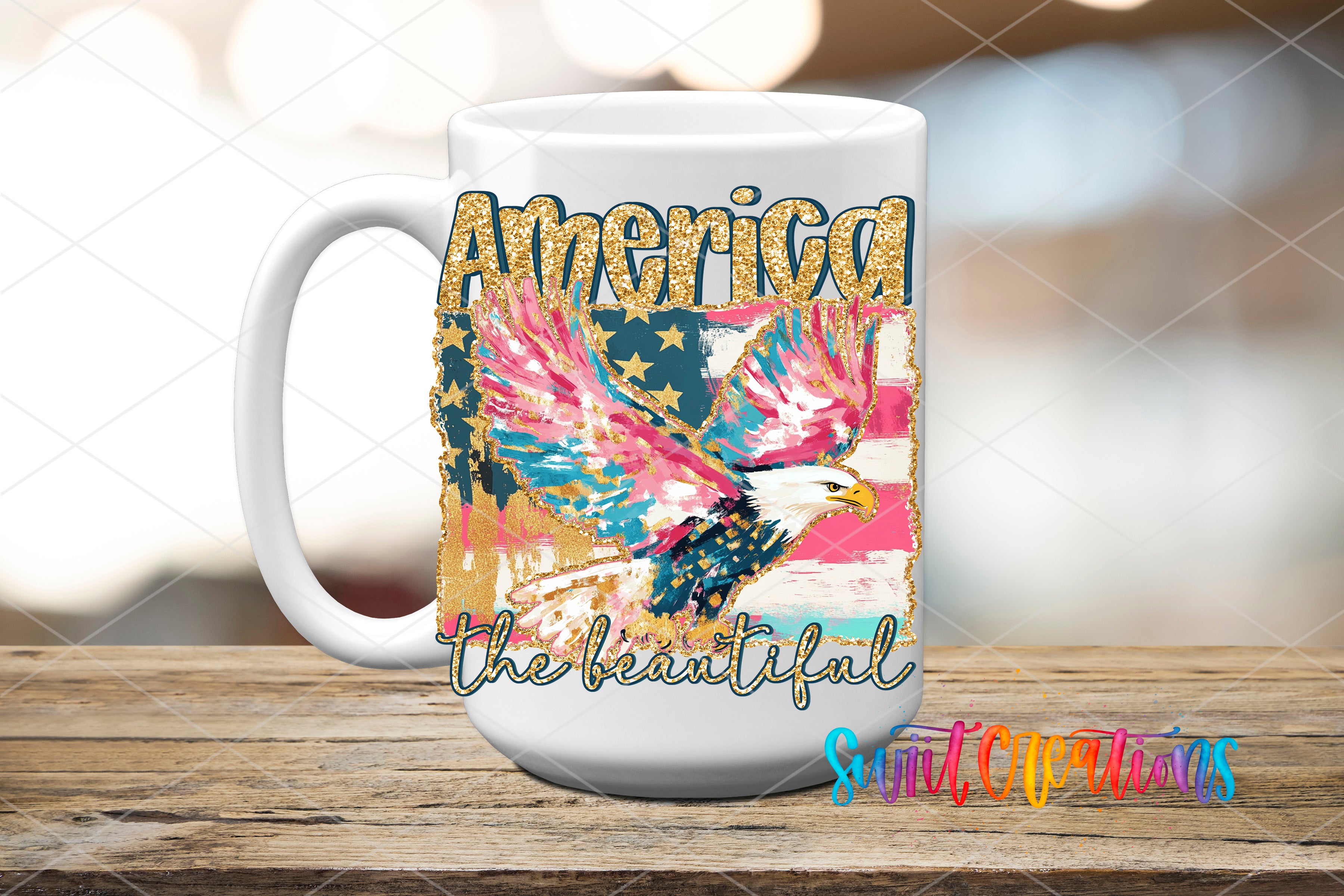 A white ceramic mug with a colorful design featuring an eagle and the word "America" written on it.