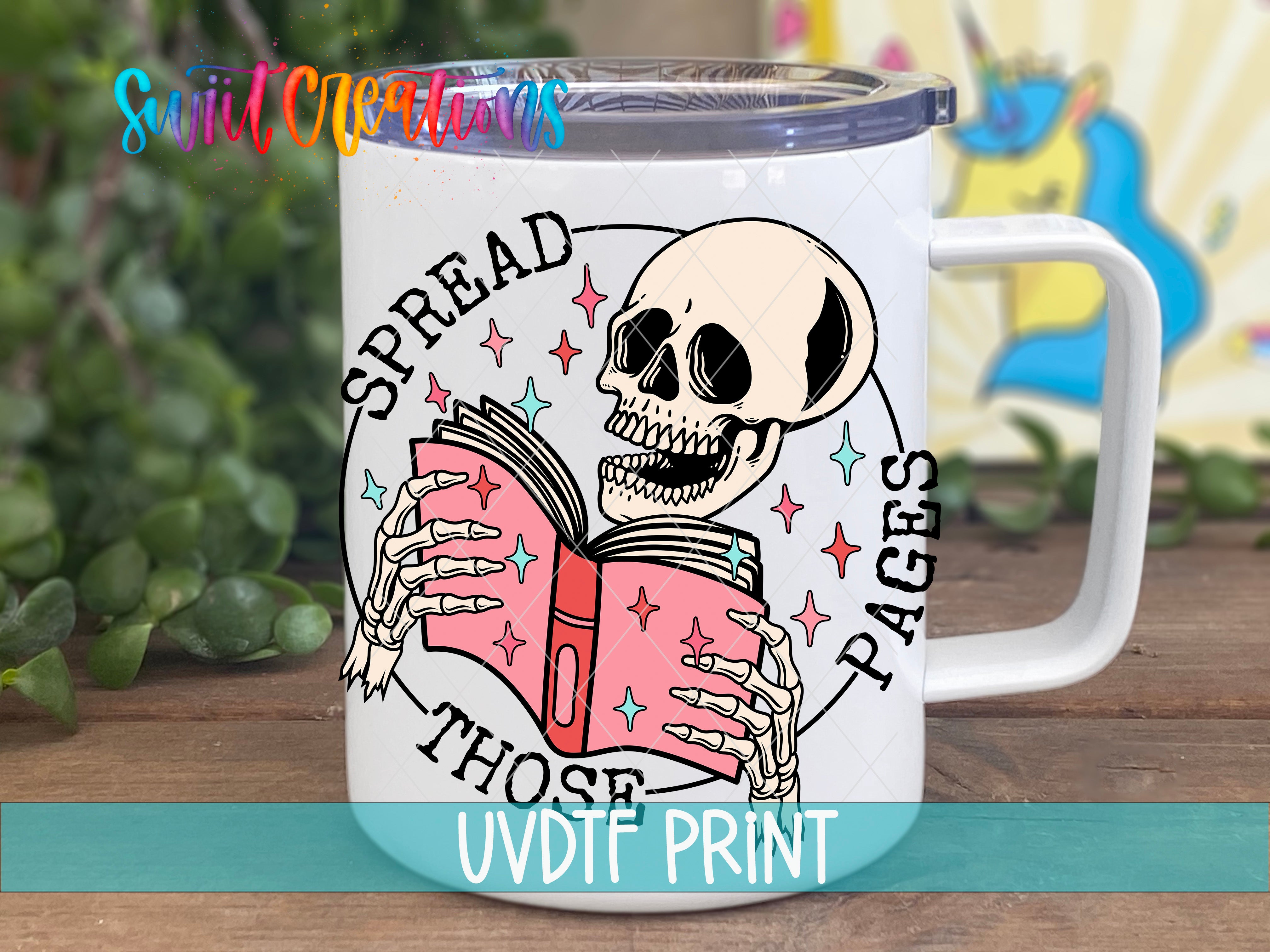 a white coffee mug with a skeleton reading a book