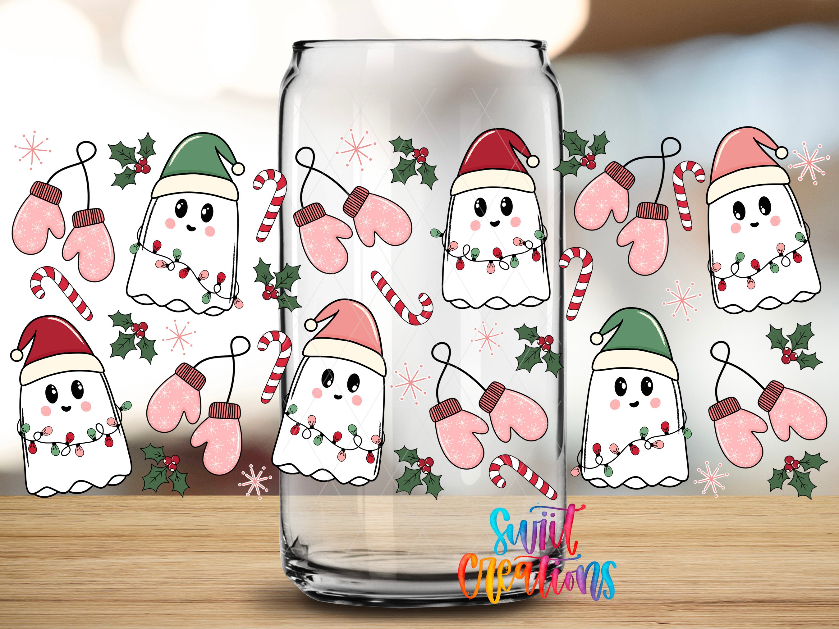 A glass jar with a festive Christmas-themed design featuring ghostly figures wearing Santa hats and mittens, along with Christmas decorations such as holly, mistletoe, and candy canes.
