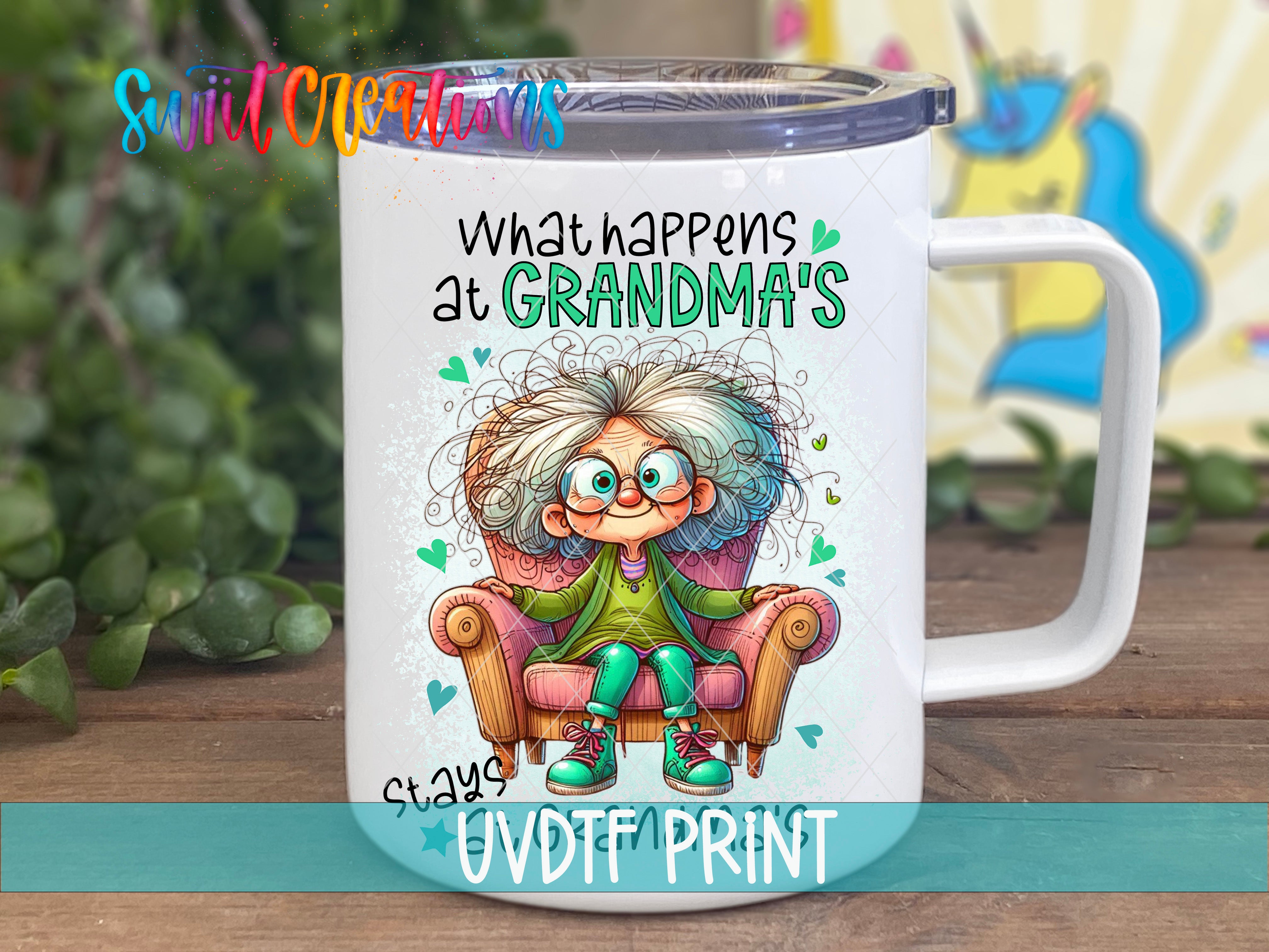 a white coffee mug with an image of a grandma sitting on a chair