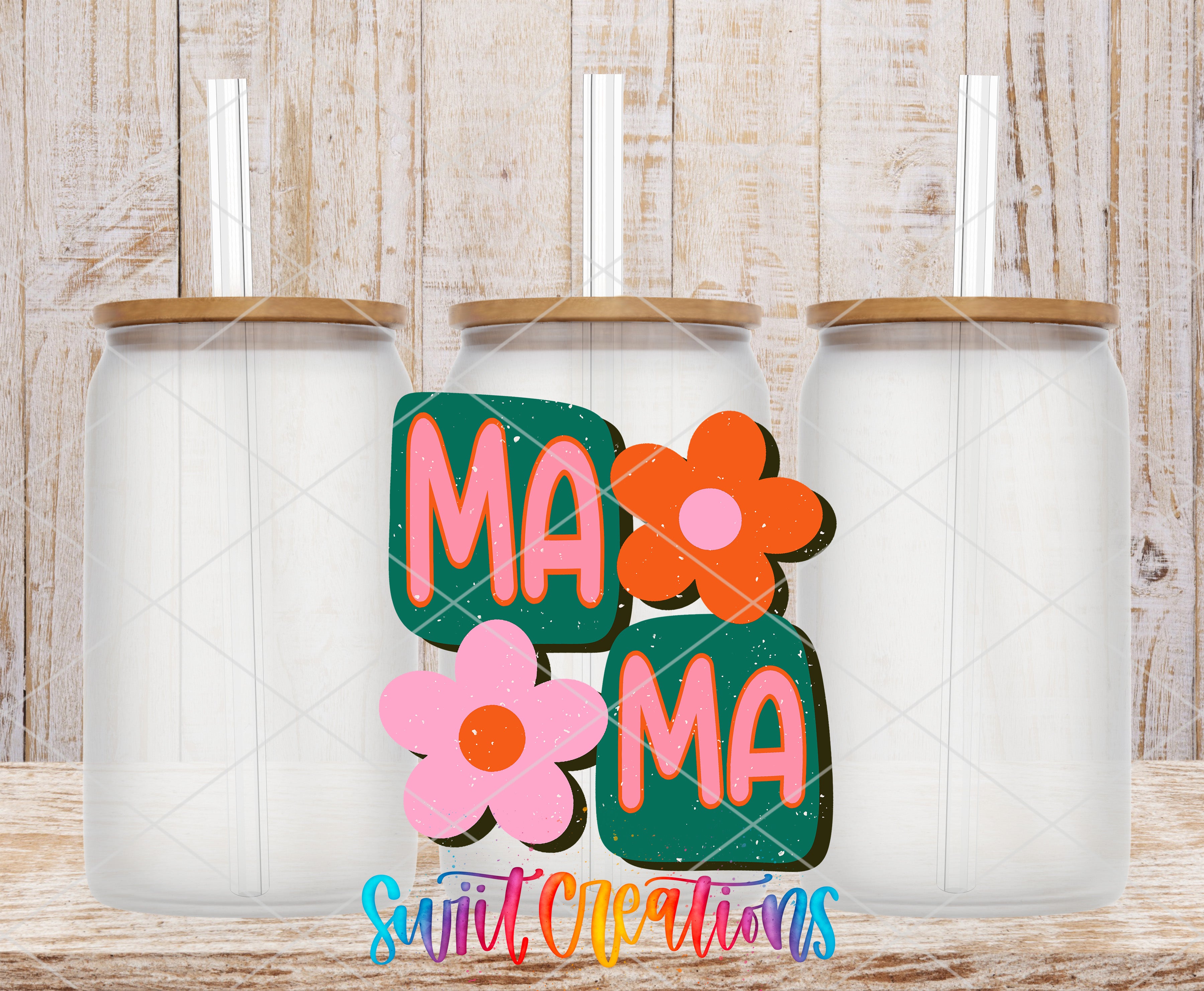 three glass jars with lids, arranged in a row against a wooden background. The jars have colorful flower-like designs on their lids. The text "MAMMA" is displayed prominently in the center of the image, with additional colorful flower-like designs surrounding it.