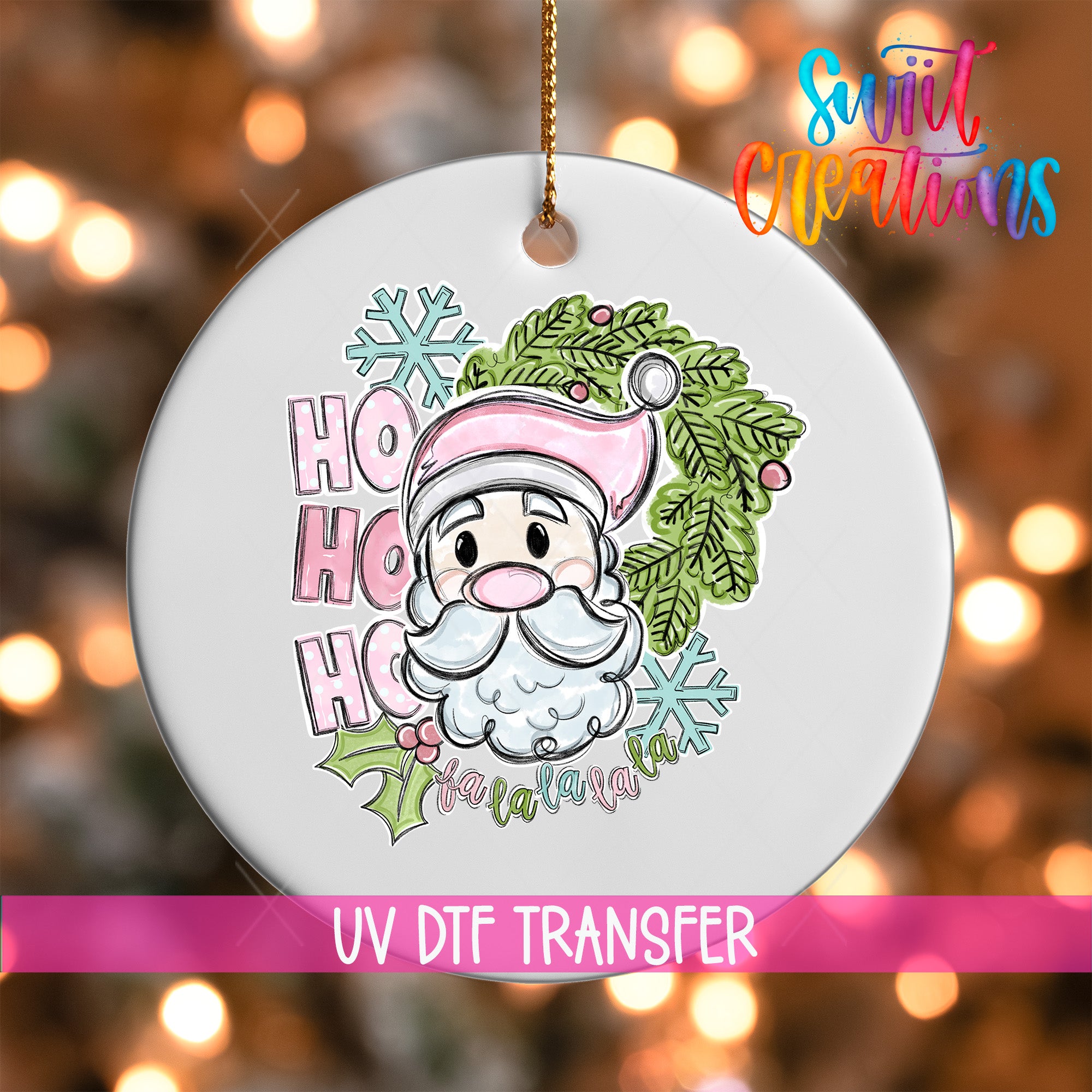 A white ornament with a Santa Claus face and the text "HO HO HO" is hanging against a background of colorful lights.