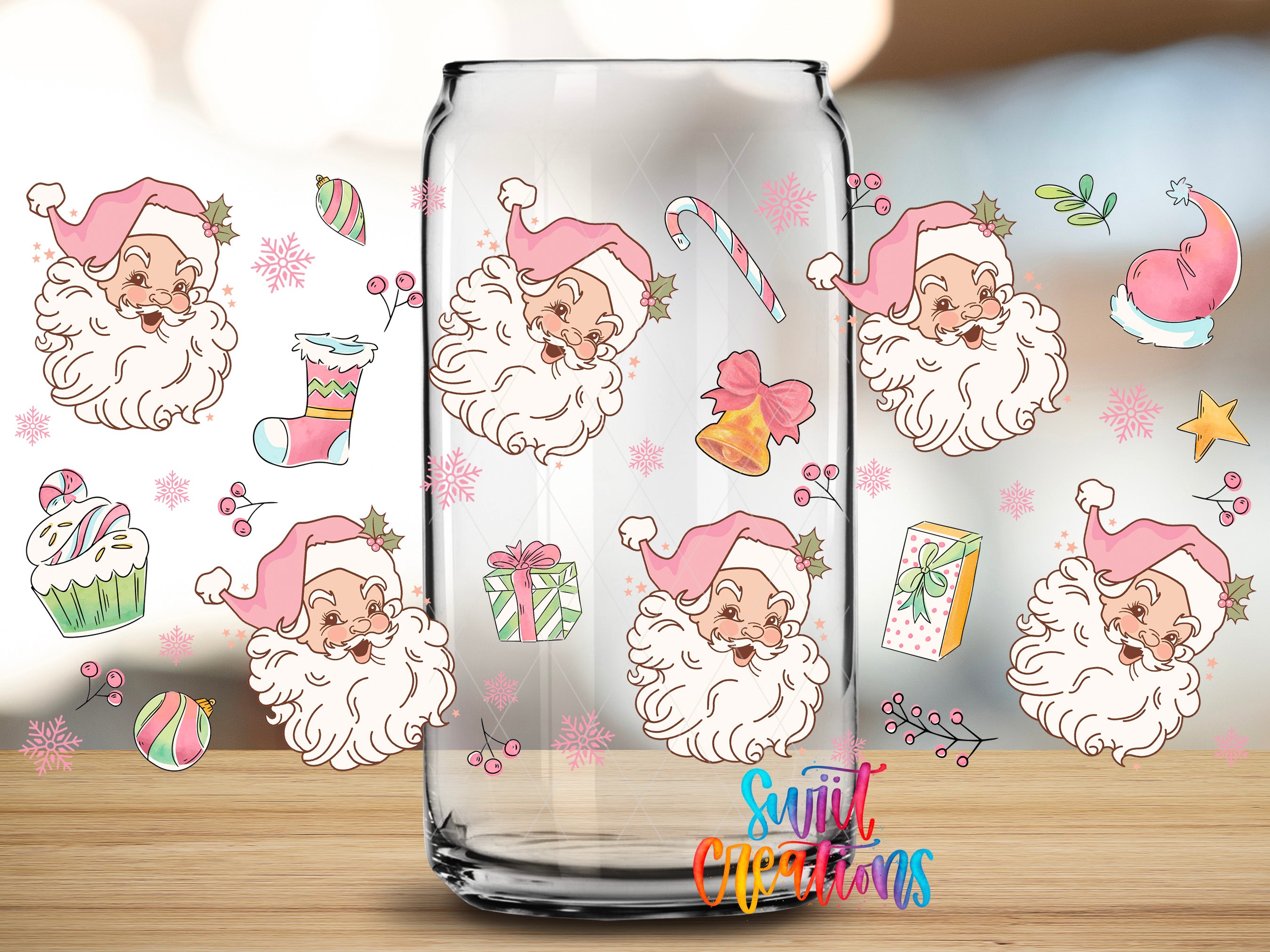 A glass jar with a repeating pattern of Santa Claus faces and various Christmas-themed illustrations, including a candy cane, gift box, star, and cupcake.