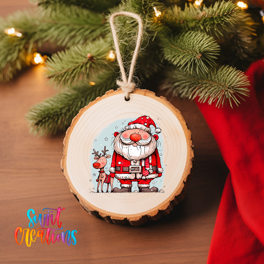 A wooden ornament featuring a cartoon image of Santa Claus and a reindeer, hanging on a Christmas tree.