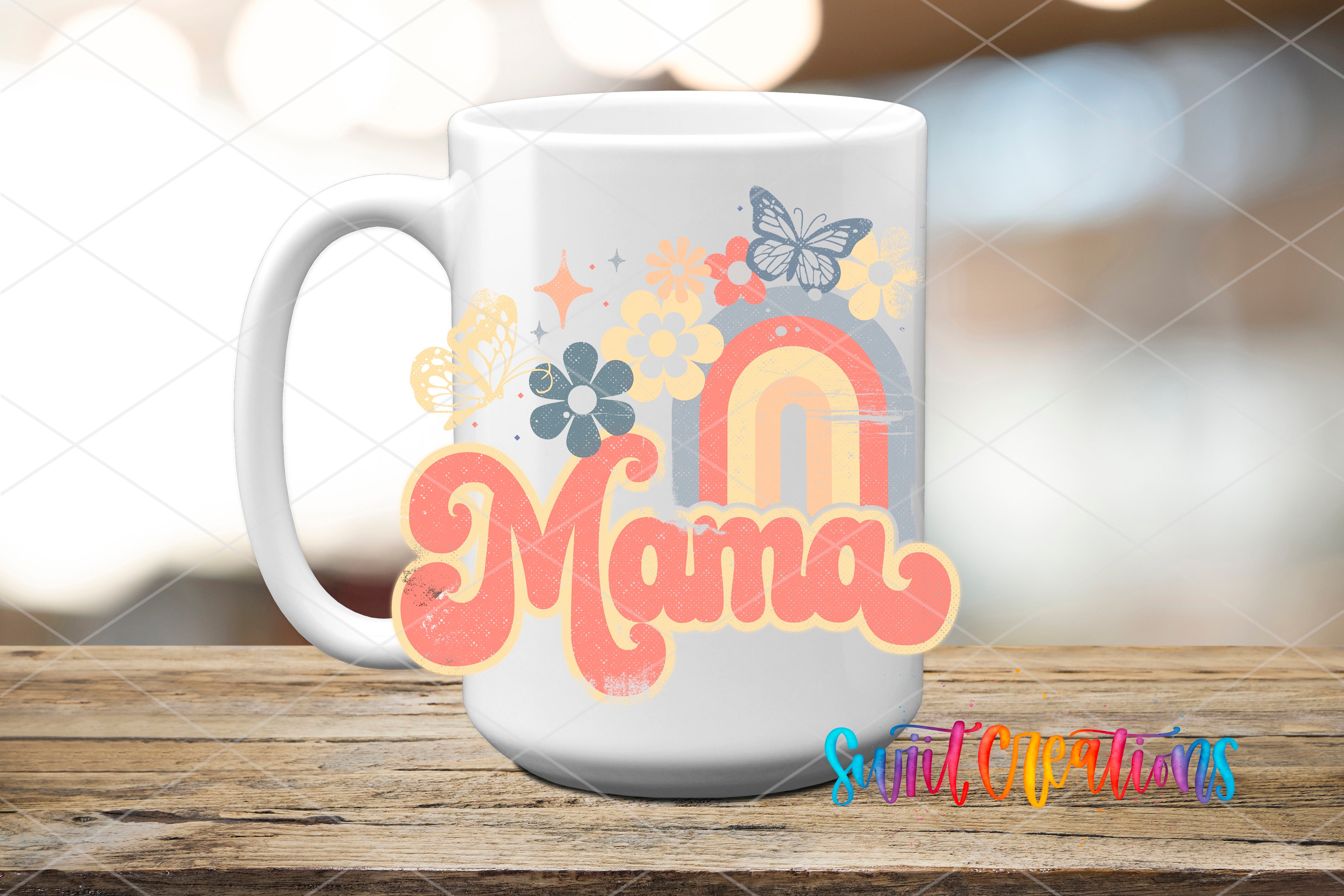 Swiit Creations UV DTF Mama Rainbow Floral transfer applied to a white ceramic mug