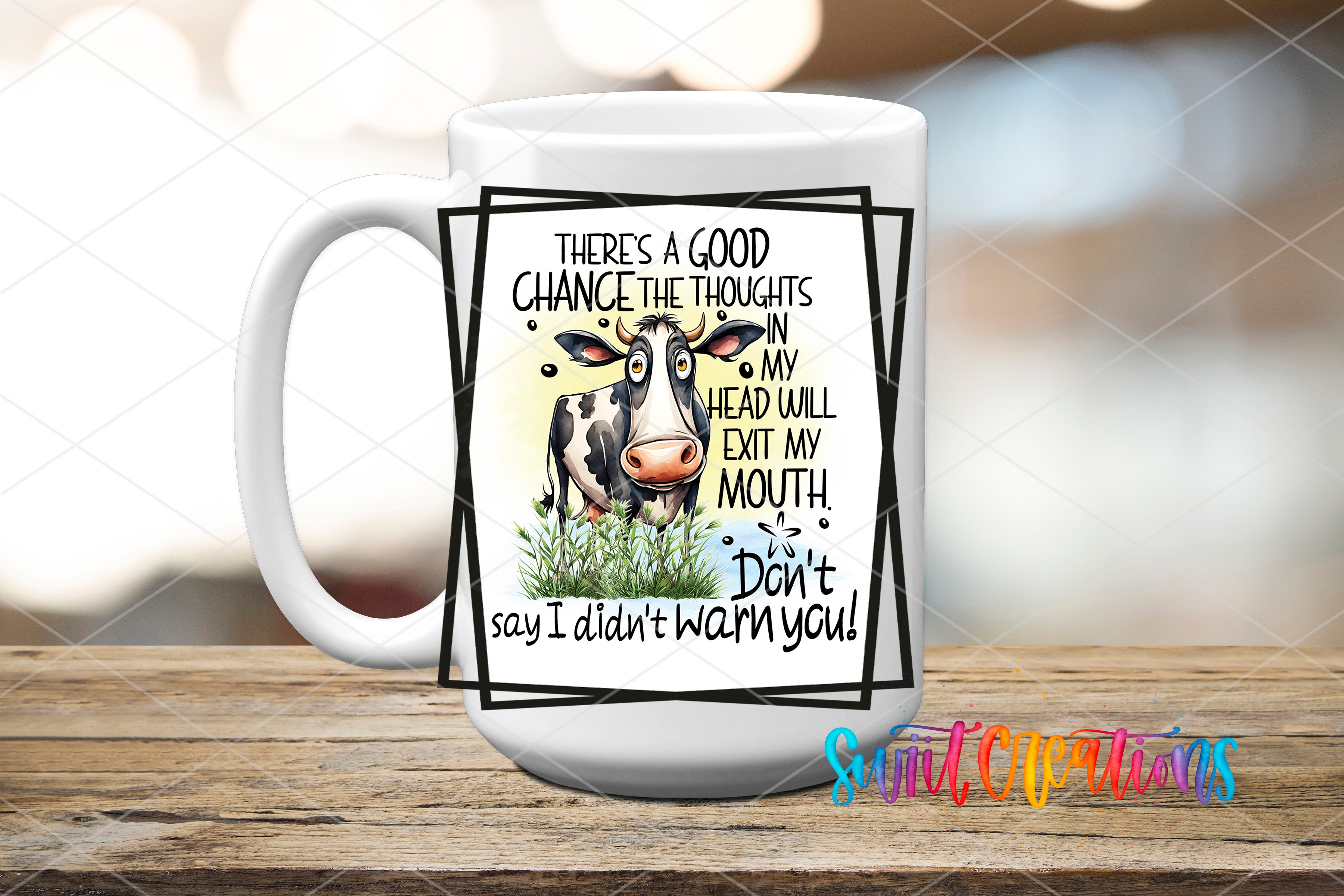 Swiit Creations UV DTF Thoughts in My Head transfer applied to a white ceramic mug