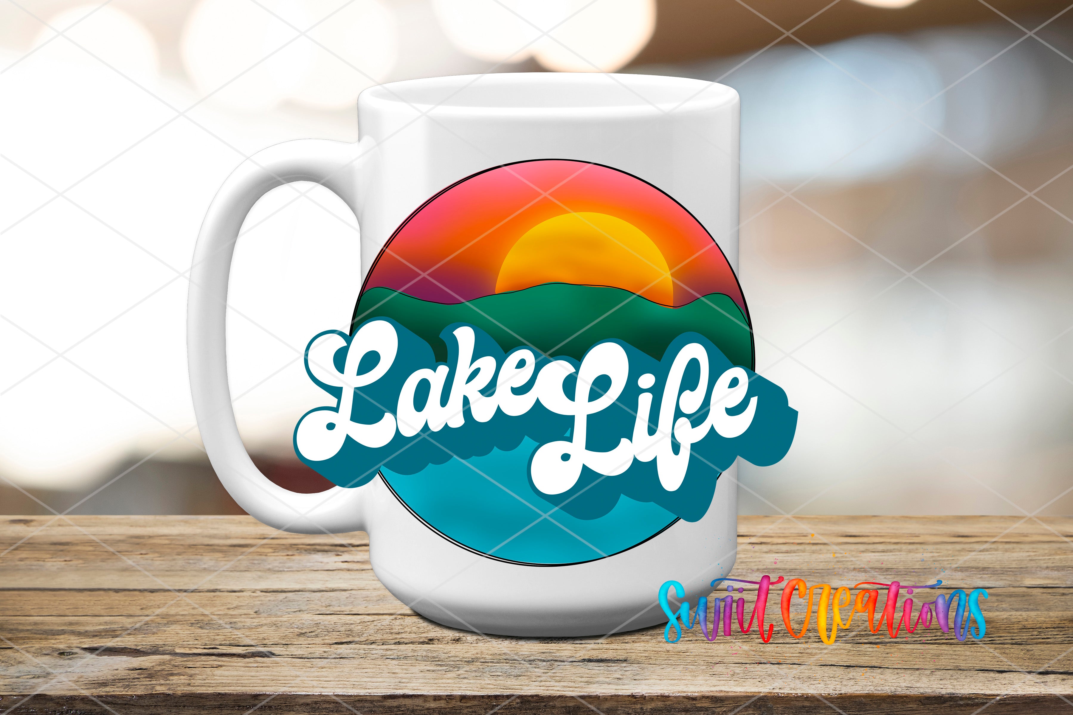 Swiit Creations UV DTF Lake Life retro sunset transfer on a white ceramic mug mockup