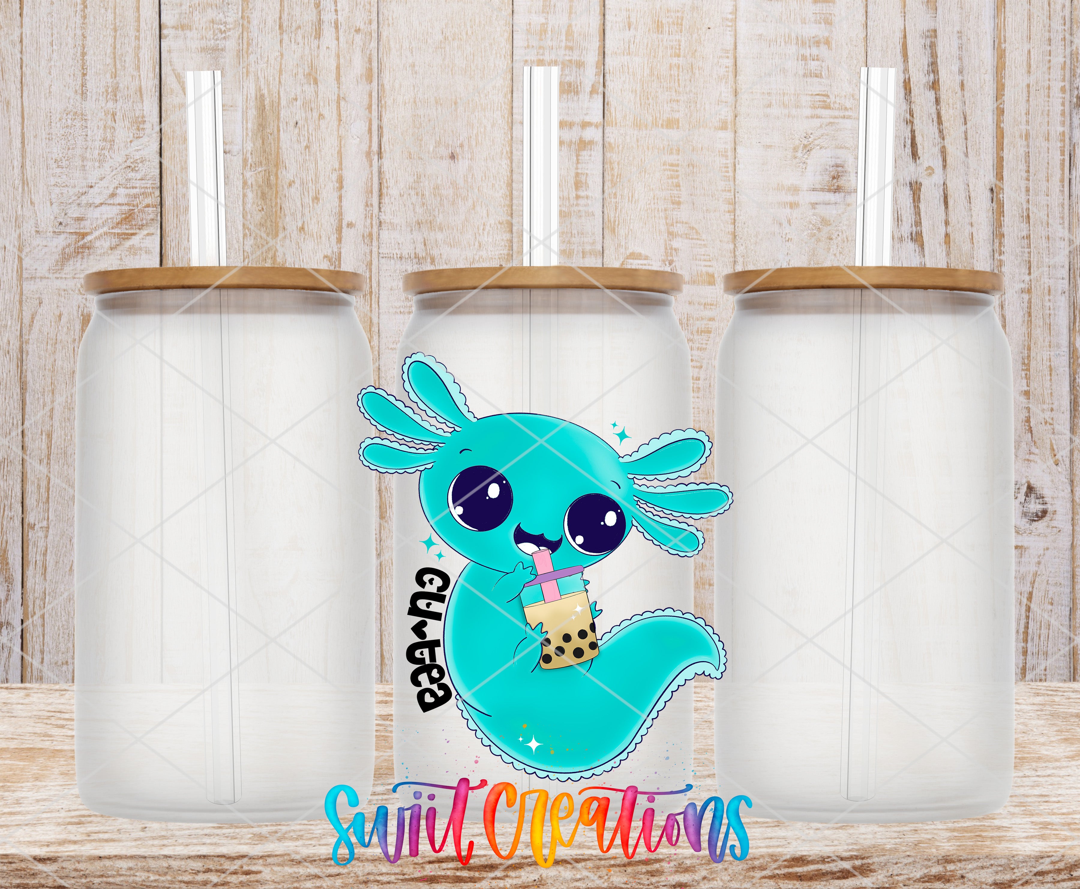 A collage of three empty glass tumblers with a cartoon axolotl character drinking from one of them.