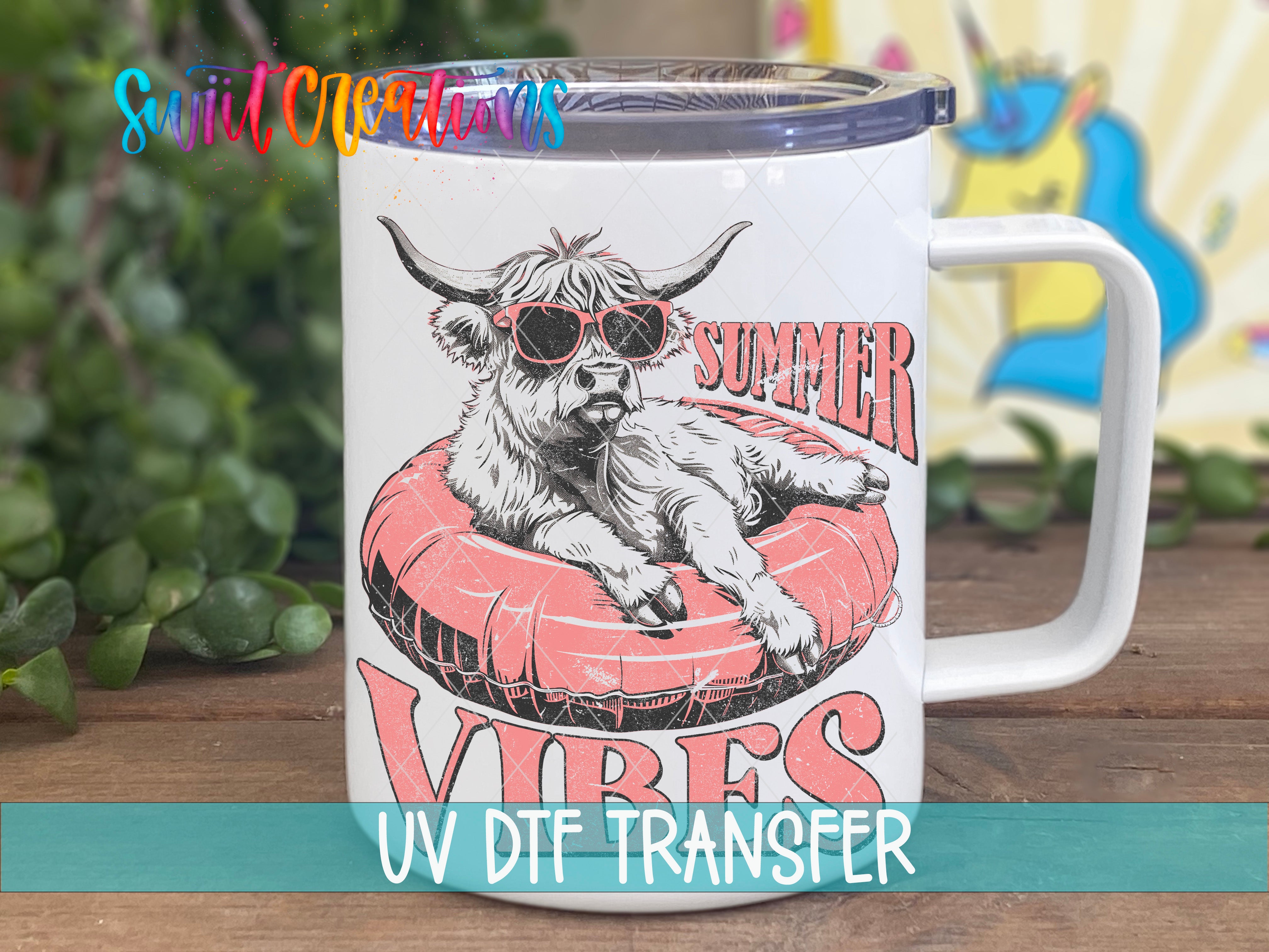 Swiit Creations UV DTF Summer Vibes Cow transfer displayed on a white coffee mug