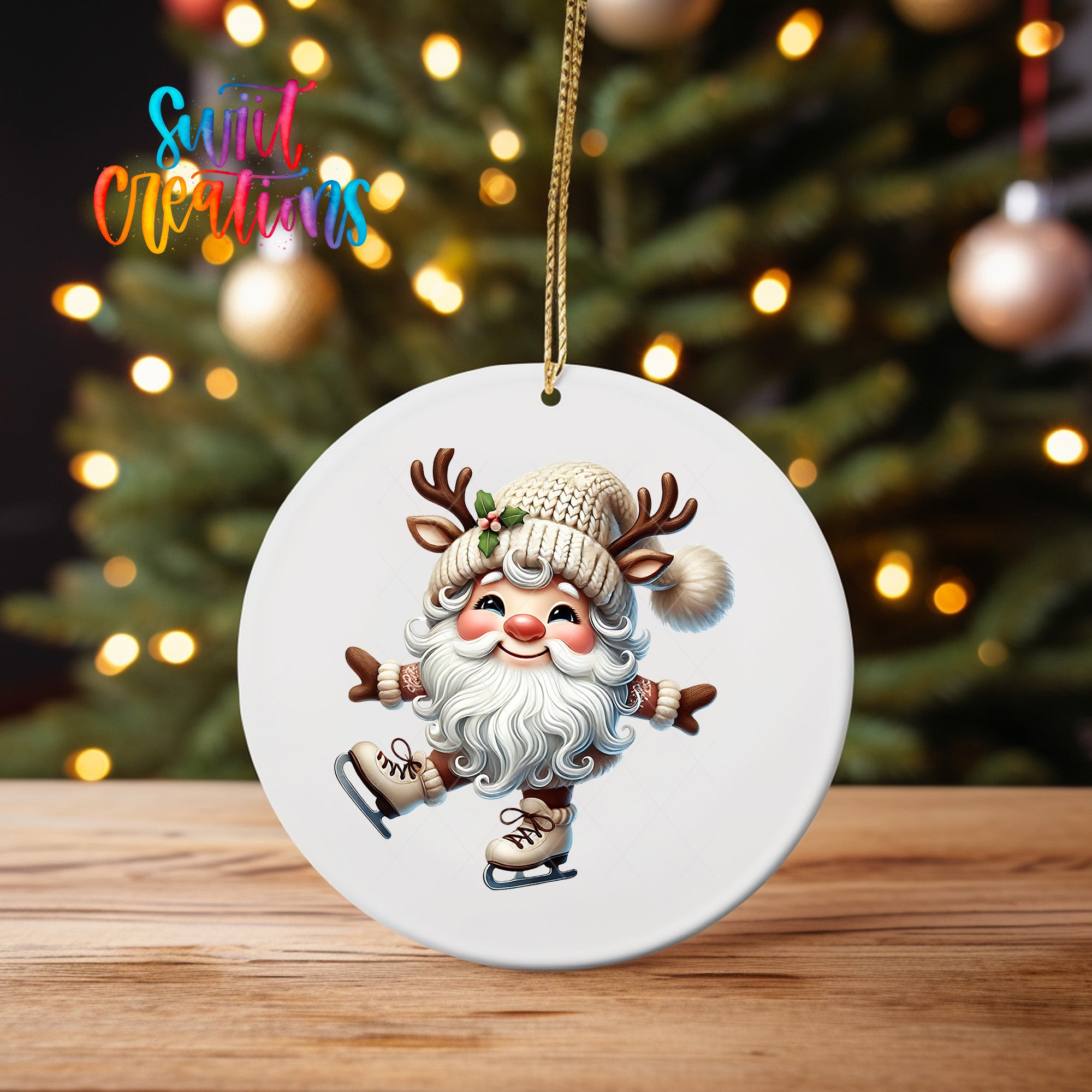 A white ornament featuring a smiling Santa Claus figure with antlers, wearing a knit hat and skis, is hanging from a string against a blurred background of Christmas lights.
