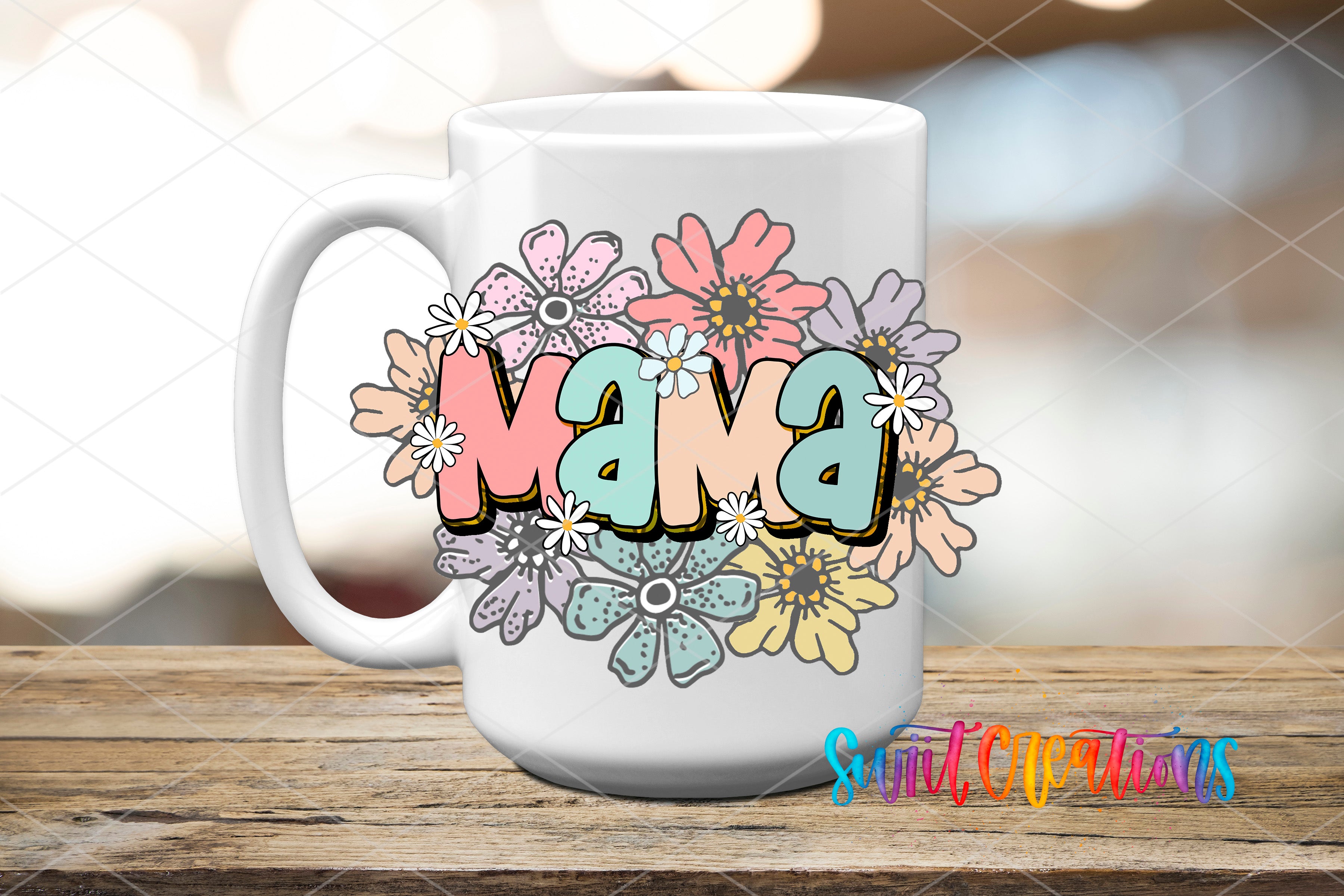 Swiit Creations UV DTF pastel Mama floral transfer on a white ceramic mug mockup