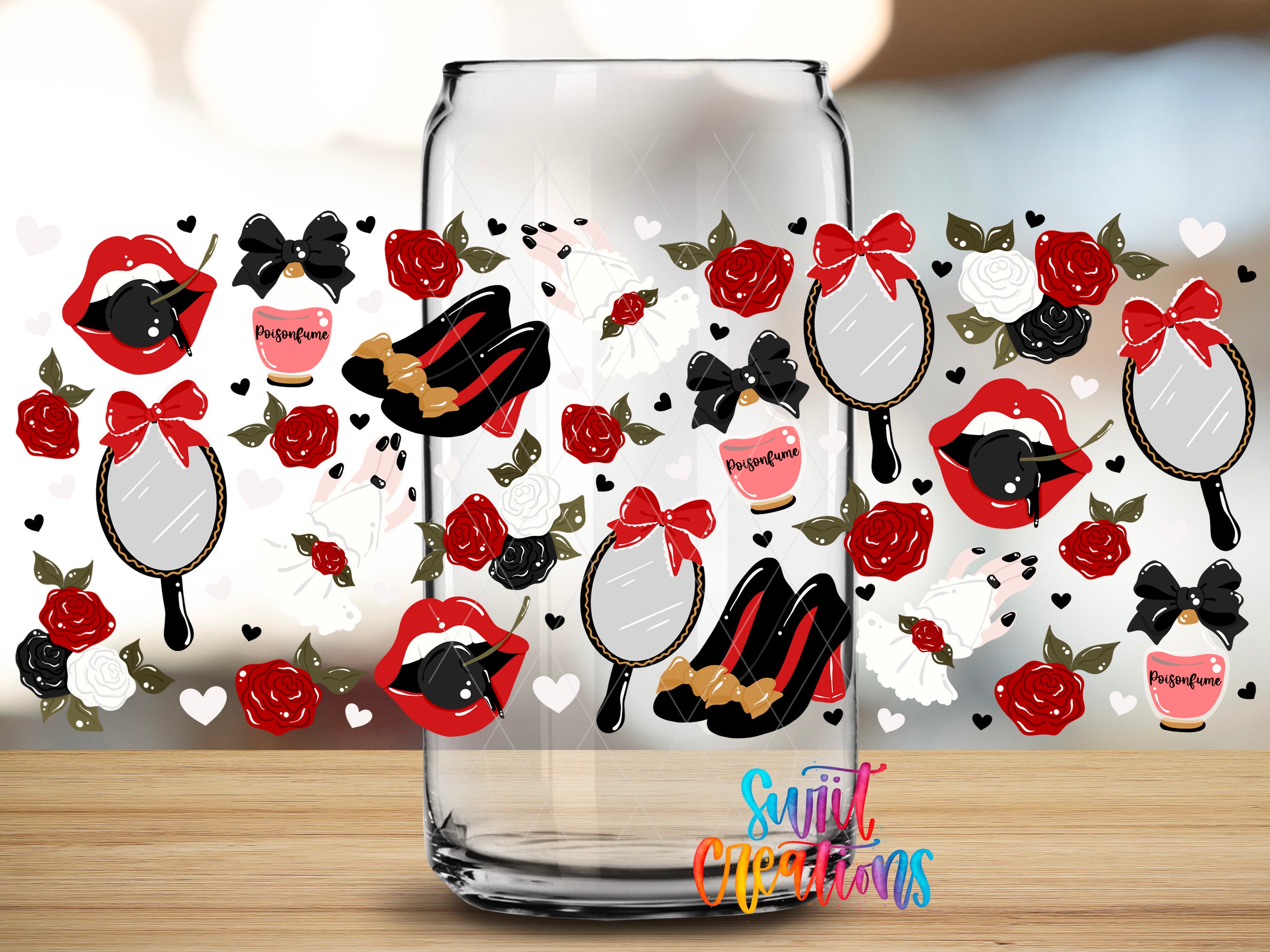 a glass jar filled with various fashion-related items, including red roses, black bows, and other accessories, creating a visually appealing and whimsical collage.