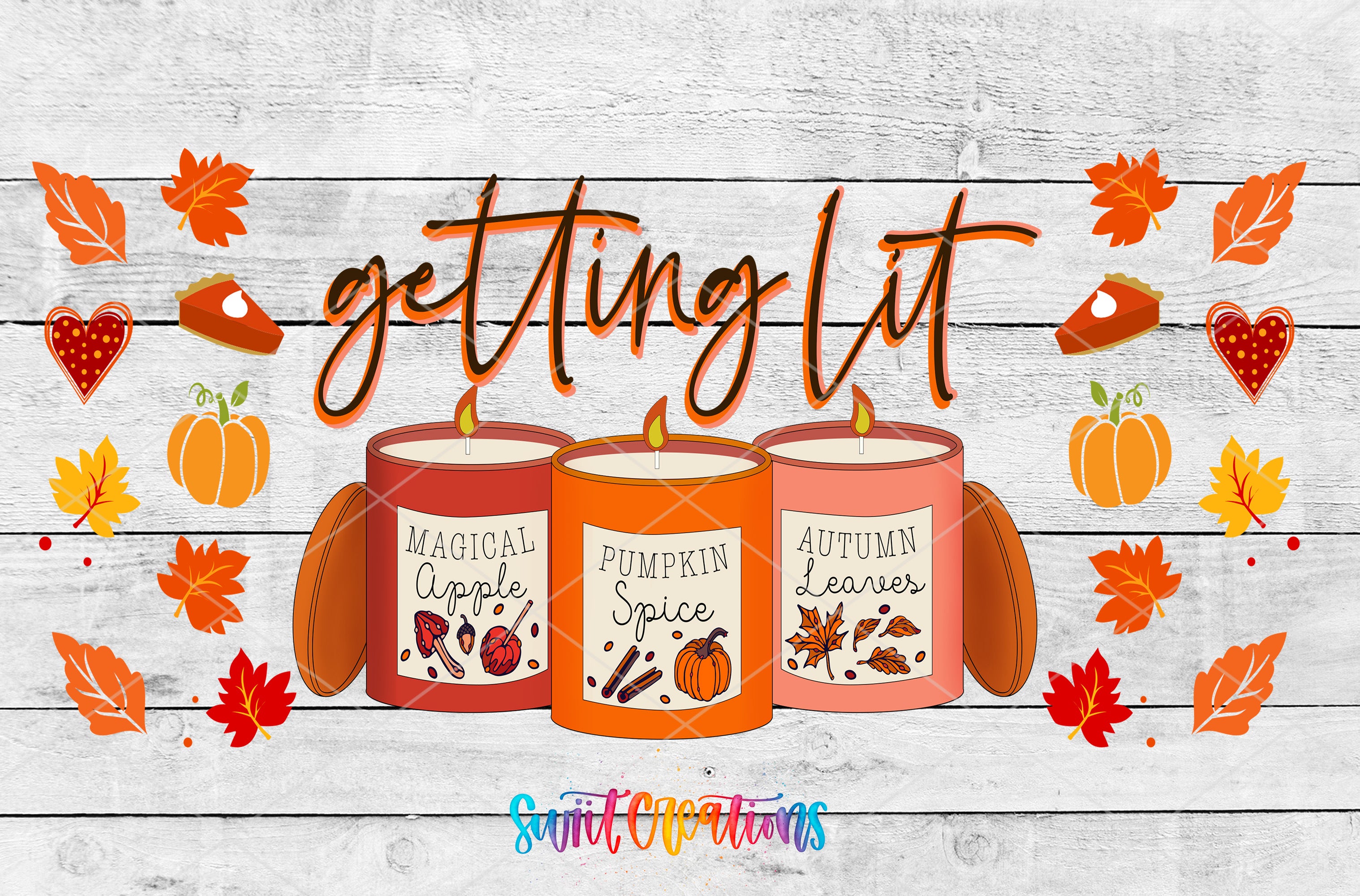 a wooden background with three candles and autumn leaves